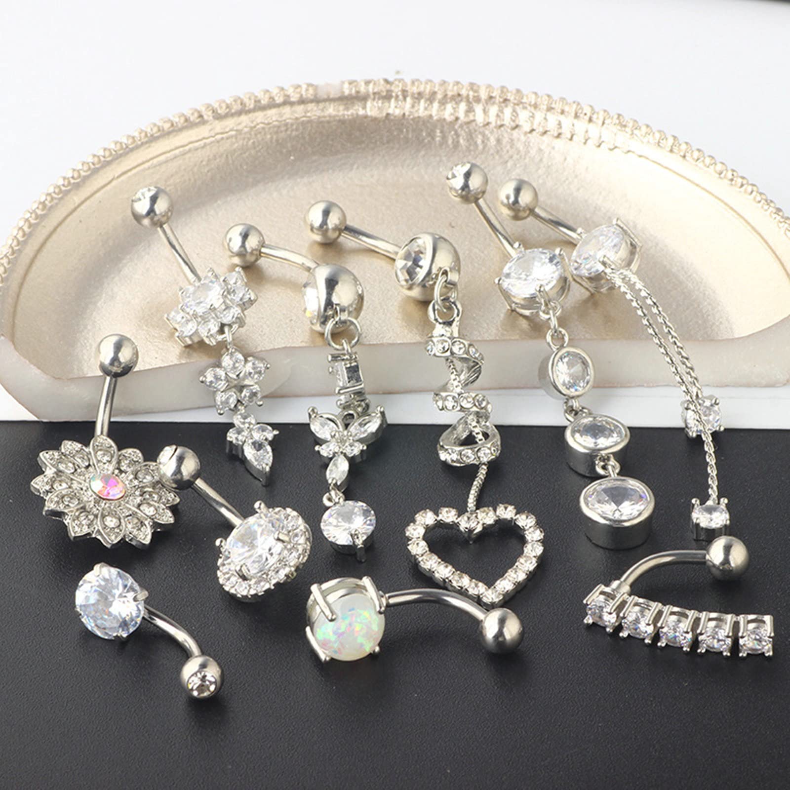 Gualiy 10 Pezzi 316L Acciaio Inossidabile Piercing Ombelico, Piercing Estivi Ombelico Fiore e Rotondo Zirconia Cubica Ciondola Piercing Gioielli