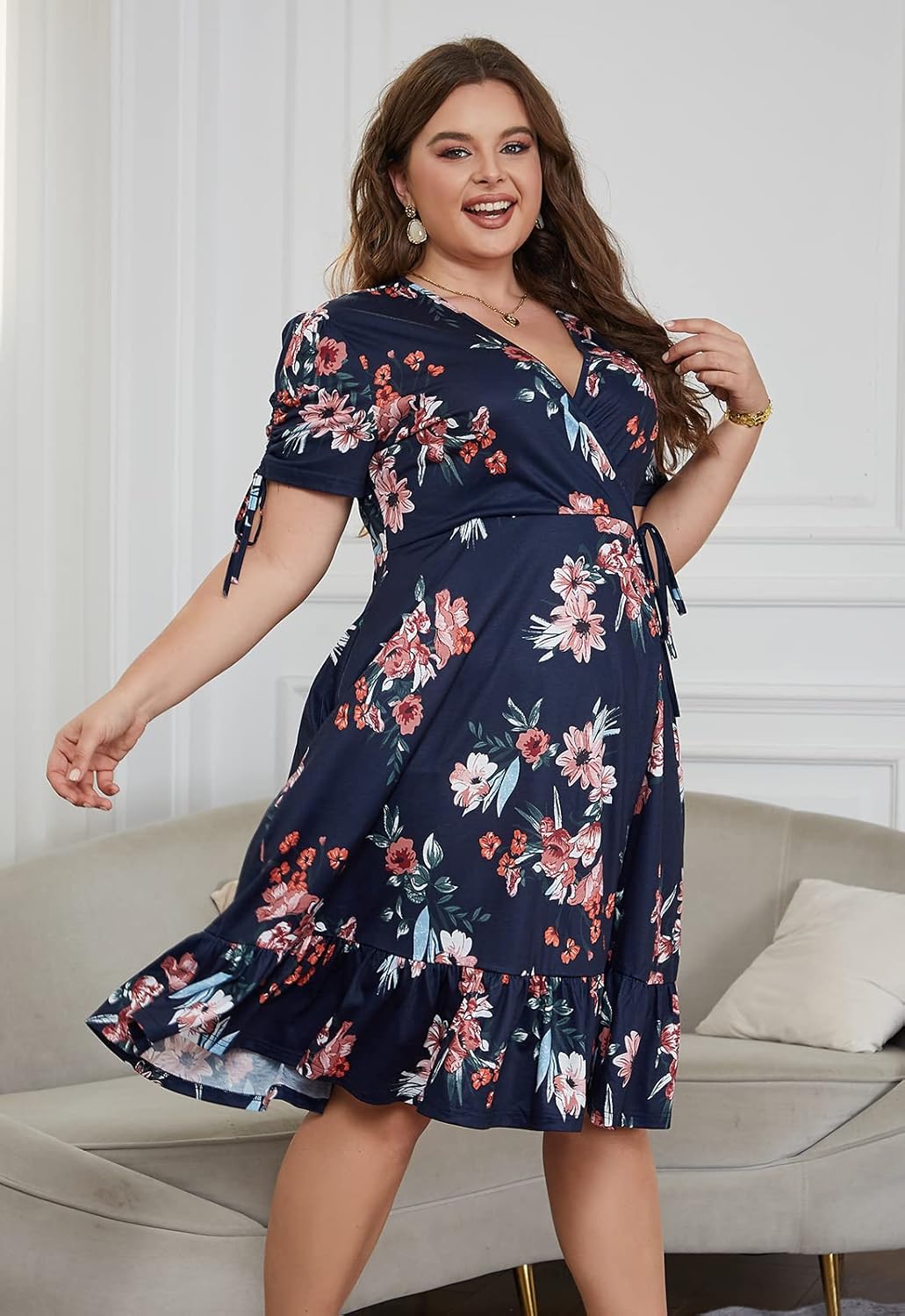 Keluummi Plus Size Summer Wedding Guest Midi Dresses for Curvy Women, Casual Boho Floral A Line V Neck Dress with Pockets - Image 6