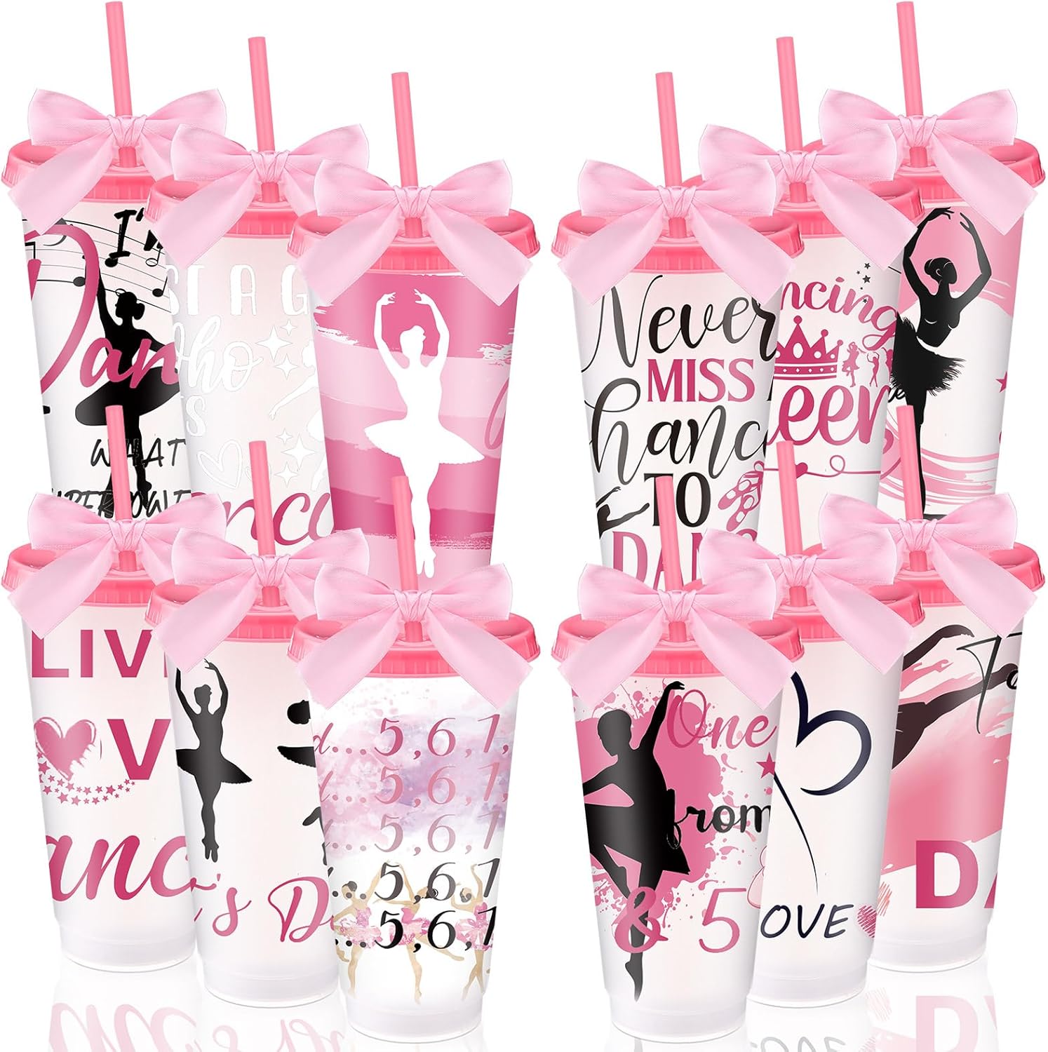 Geyoga 24 Pcs Yoga Dancer Appreciation Gifts Bulk for Women 24 oz Plastic Ballet Dance Reusable Tumbler Cup with Lid Straw Ribbon Bow for Dancer Team Gift Performance Competition Birthday Party Favor