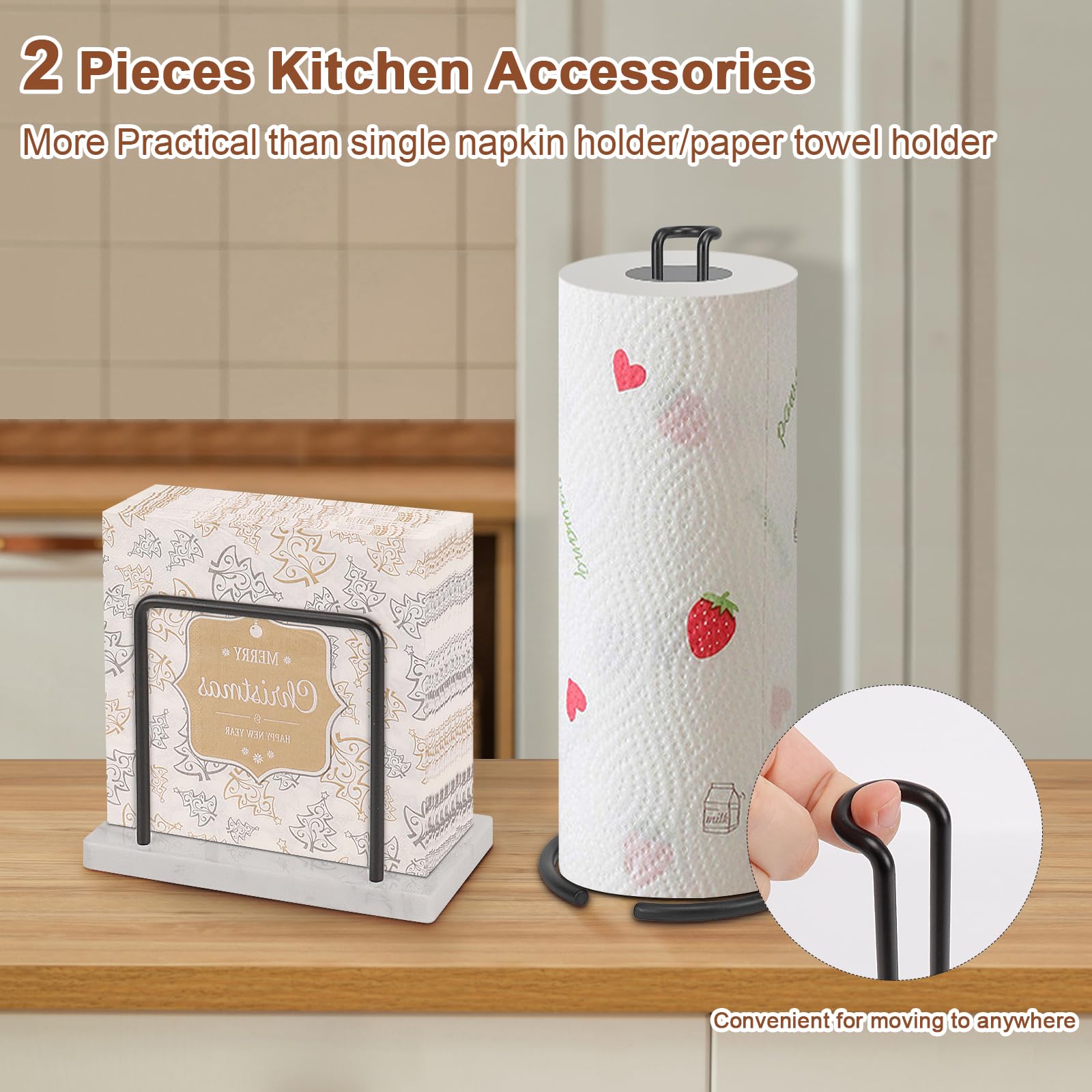 Livabber Juego de 2 servilleteros y toalleros de papel, 2 accesorios de cocina, soporte de metal para pañuelos con base de mármol + dispensador de toallas de papel independiente para mesa de cocina,