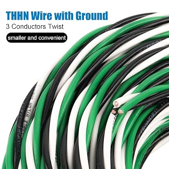 THHN Wire 12 Gauge 3 Conductors Copper Wire Black White Green, 15FT