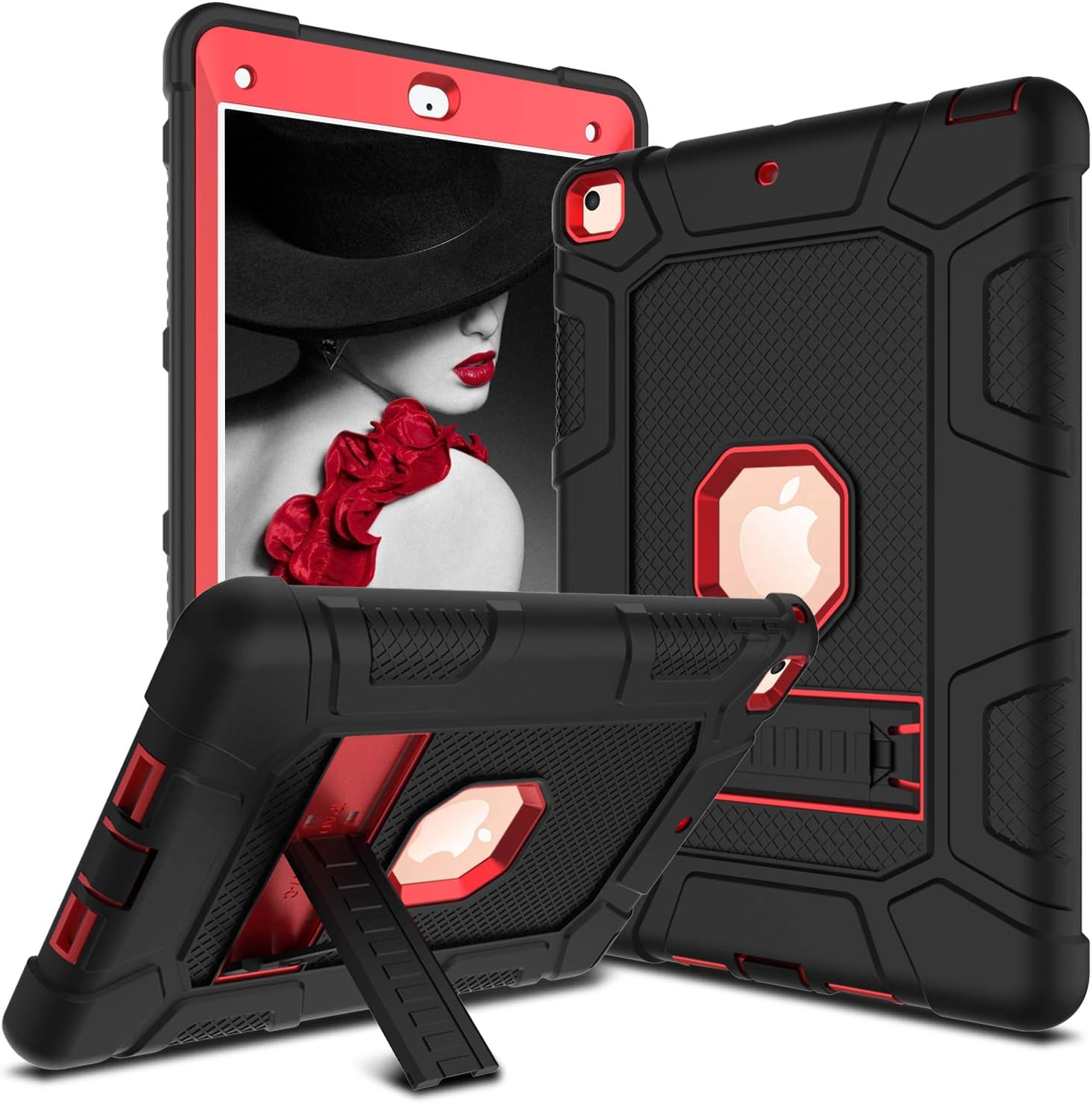 DONWELL Compatible iPad 6th 5th Generation Case, iPad 9.7 inch 2018/2017 Shockproof Defender Protective Cover with Kickstand for iPad 5 iPad 6 Model A1823 A1822 A1893 (Type1- Black/Red)
