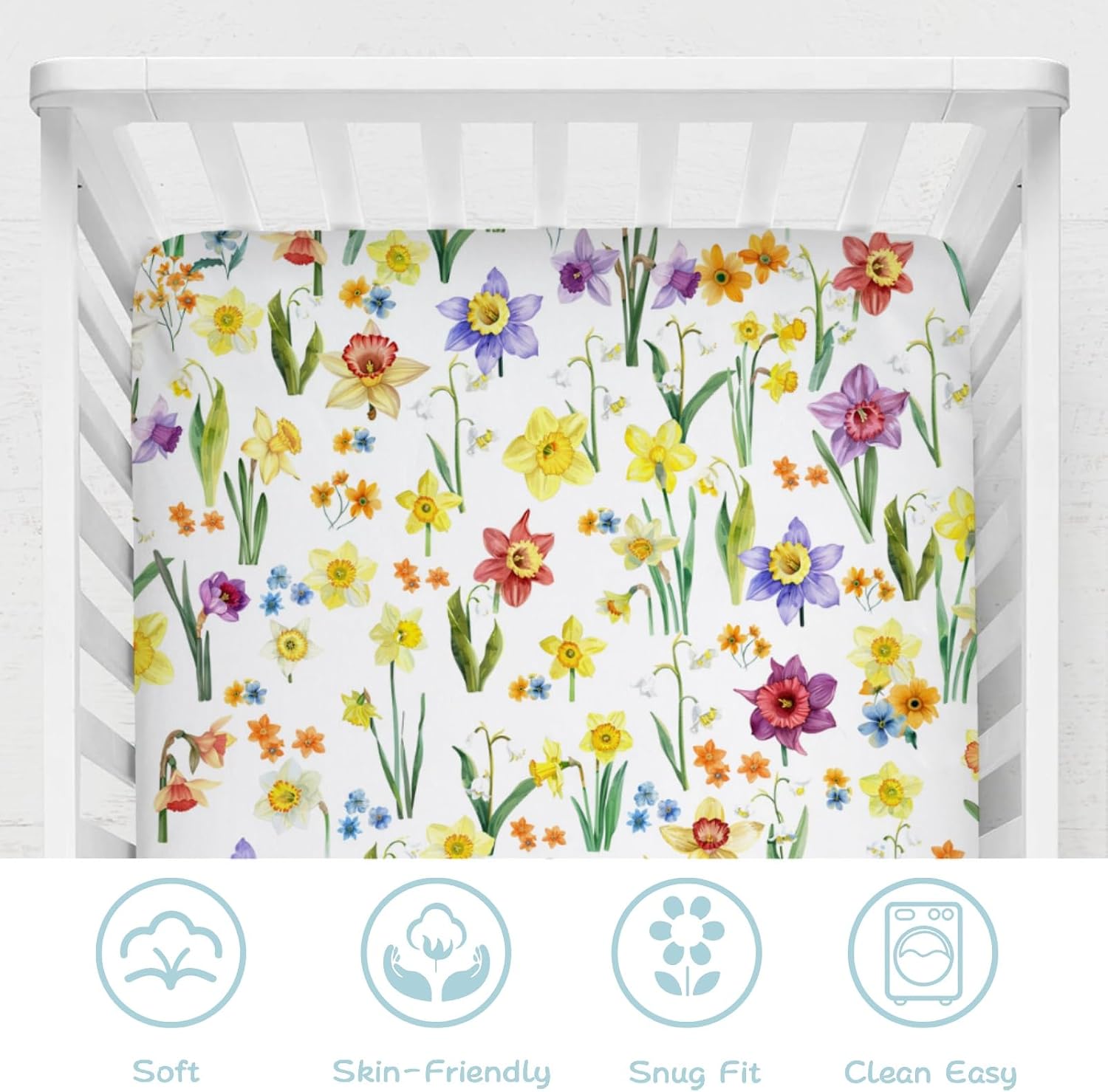 Watercolor Flowers Baby Crib Sheet 52''x28'' Colorful Floral Leaves Stretchy Fitted Crib Mattress Cover for Boy Girl Wild Plants Soft Nursery Baby Sheets for Standard Crib and Toddler Mattresses