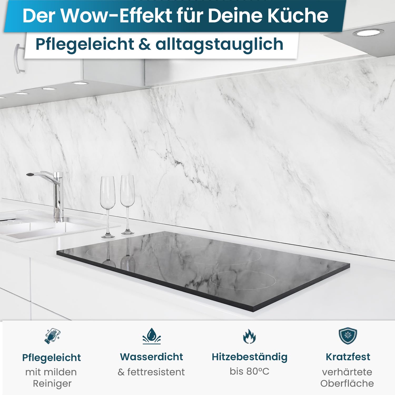 danario Küchenrückwand selbstklebend - Matt - Spritzschutz Küche - versteifte PET Folie - 0,4 mm - Marmor weiß - Materialmuster A5