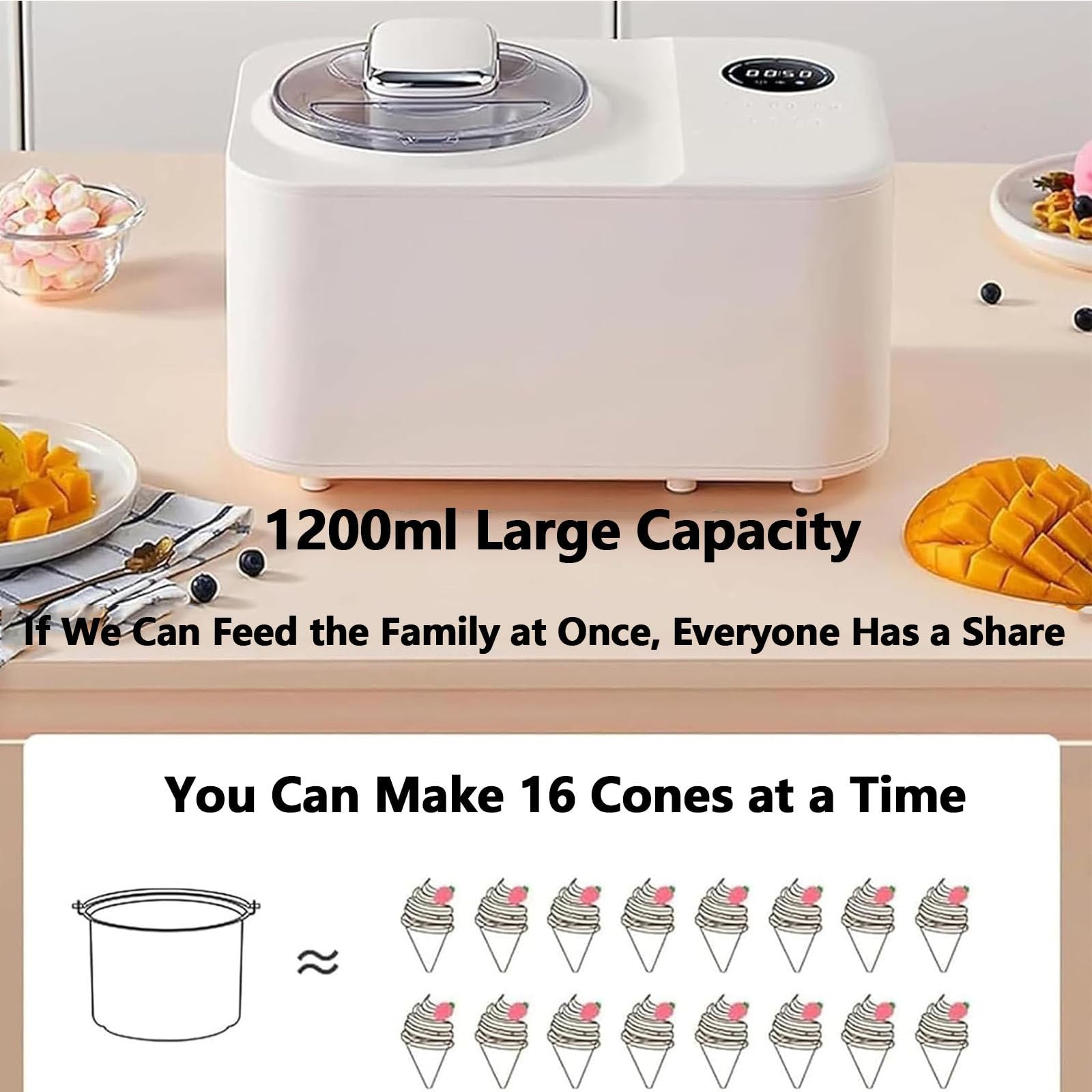 Mini Macchina per Gelato in Acciaio Inossidabile, 1,2 L Automatica per Servire Dolci, con Display a LED per Una Facile Pulizia, Ideale per Snack Bar E Uso Familiare