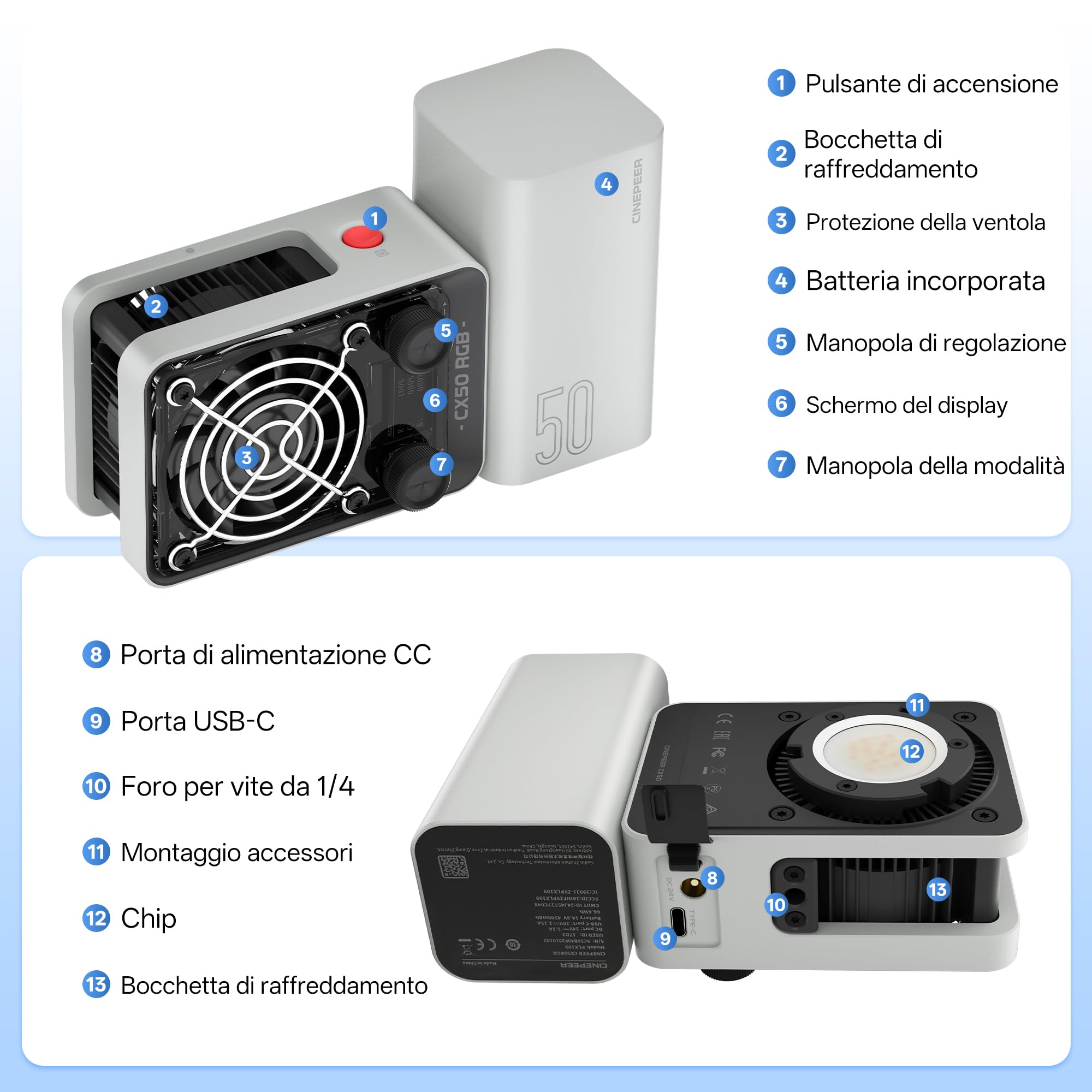 ZHIYUN CINEPEER CX50 RGB [Ufficiale] 50W Luce Fotografica Portatile con 4500mAh Batteria, Ricarica Rapida Type-C PD, Luce Video Led RGB con Controllo APP, 2700-6500K/CRI≈95/TLCI≈96/18 Effetti