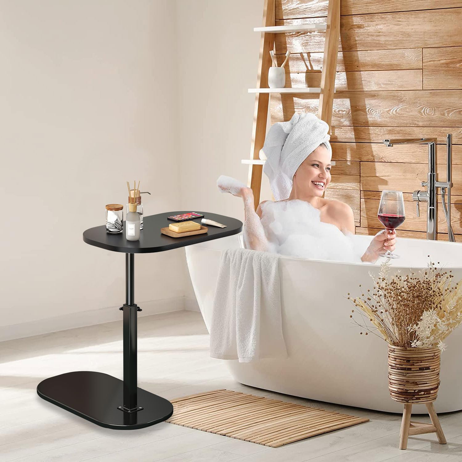 Table d'appoint en Forme de c Hauteur réglable, 360 ° Pivotante Ordinateur Portable stand pour canapé/LIT, Bois Petite Table Basse pour Salon Balcon Chambre, Design léger,Facile à Monter (Black)