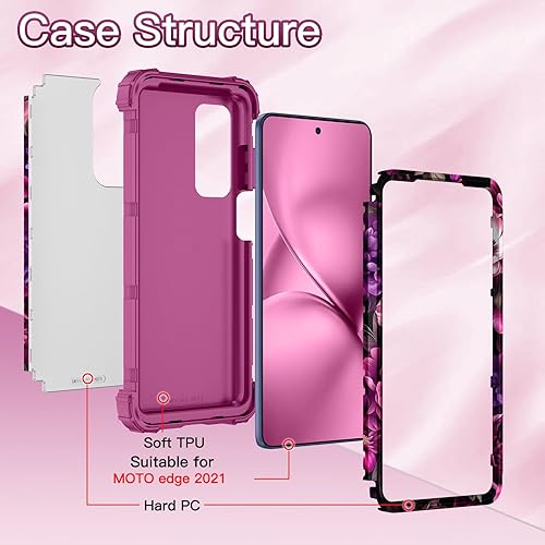 Miniatura 2 de LONTECT Funda para Moto Edge 2021, Moto Edge 5G UW, funda floral a prueba de golpes, 3 en 1, híbrida resistente, resistente, funda protectora de