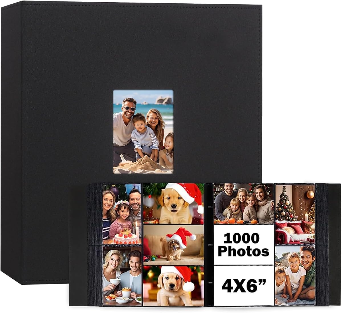 Álbum de fotos de 4 x 6 de capacidad extra grande, capacidad para 1000 fotos, negro | Tapa dura de lino, bolsillos horizontales y verticales de 4x6, páginas extraíbles sin ácido, ventana frontal, familia, bodas y viajes
