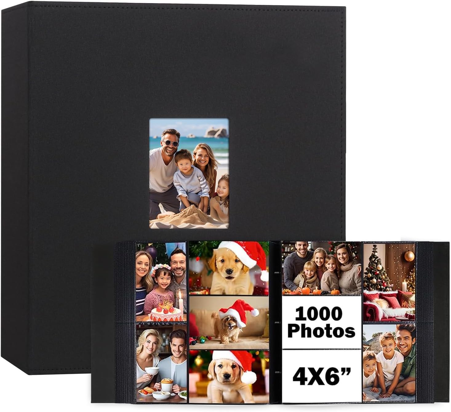 Photo Album 4x6 1000 Pockets, Extra Large Capacity Linen Cover with Front Window 4 x 6 Picture Album Holds 1000 Horizontal and Vertical Photos, Acid-free Pages 4x6 Wedding Family Photo Album (Black)