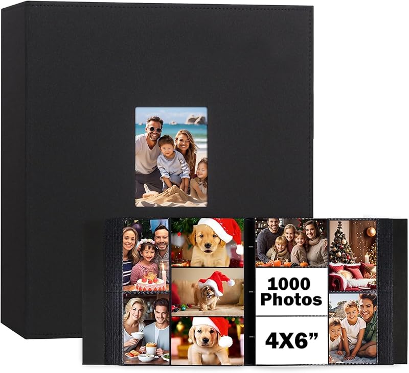 Álbum de fotos de 4 x 6 de capacidad extra grande, capacidad para 1000 fotos, negro | Tapa dura de lino, bolsillos horizontales y verticales de 4x6, páginas extraíbles sin ácido, ventana frontal, familia, bodas y viajes