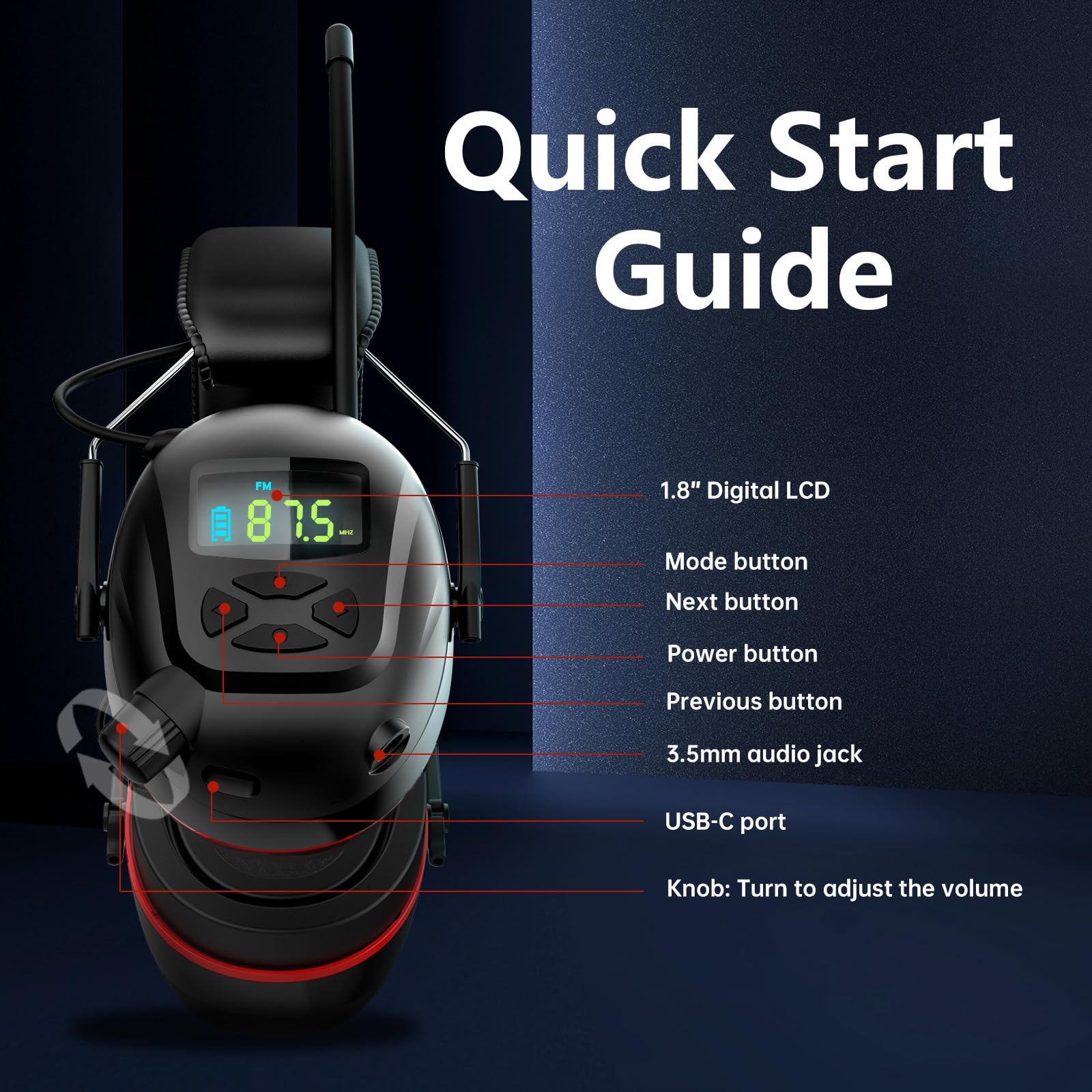Cuffie radio AM FM con display digitale, tempo di lavoro 120 ore, paraorecchie ricaricabili per protezione dell'udito, riduzione del rumore SNR 30 dB, paraorecchie di sicurezza per falciatura