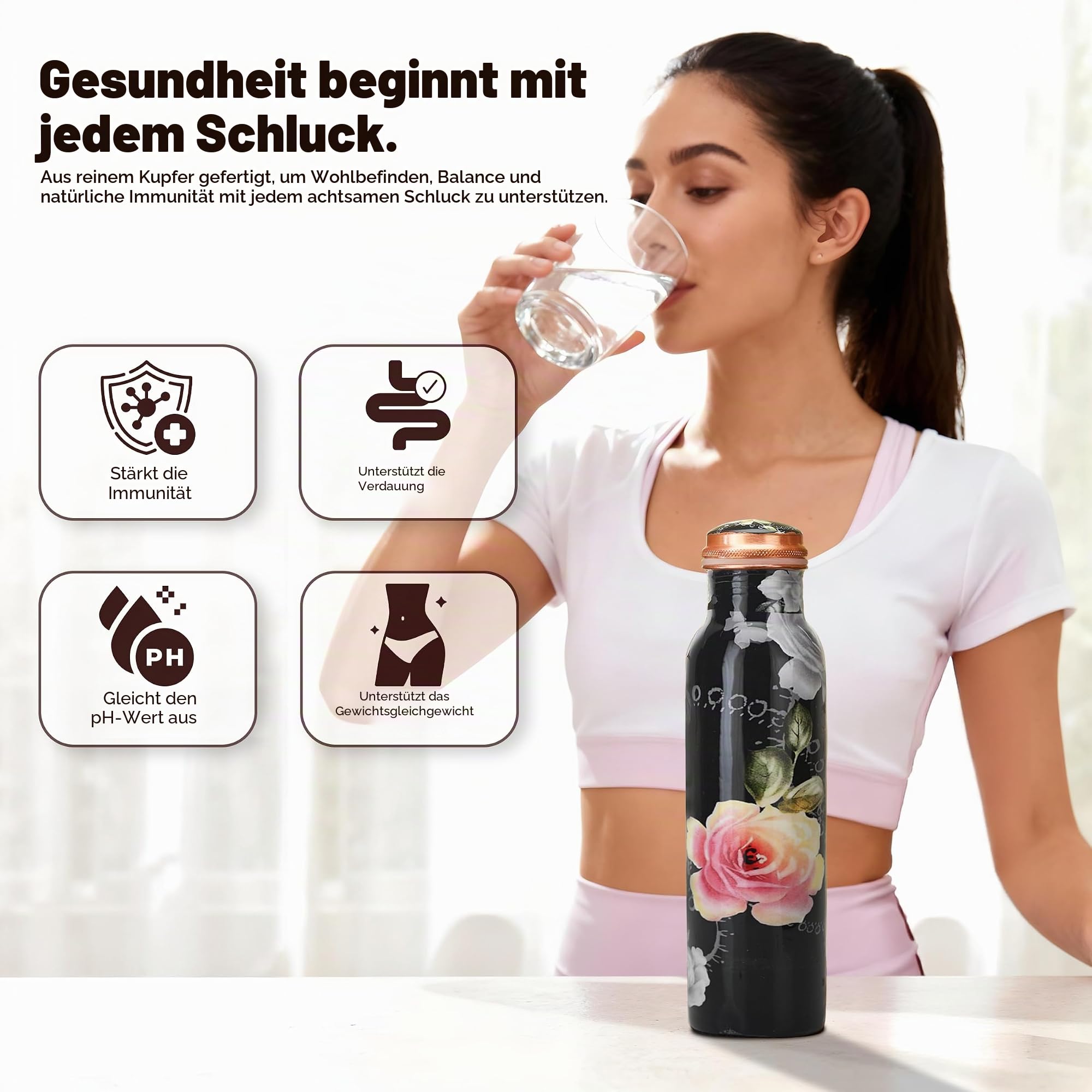 Wasserflasche aus reinem Kupfer (groß), handgefertigt, auslaufsicherer Deckel; ideal für Reisen, Fitnessstudio, Büro, Wandern, Outdoor-Aktivitäten, Yoga – 2 Stück