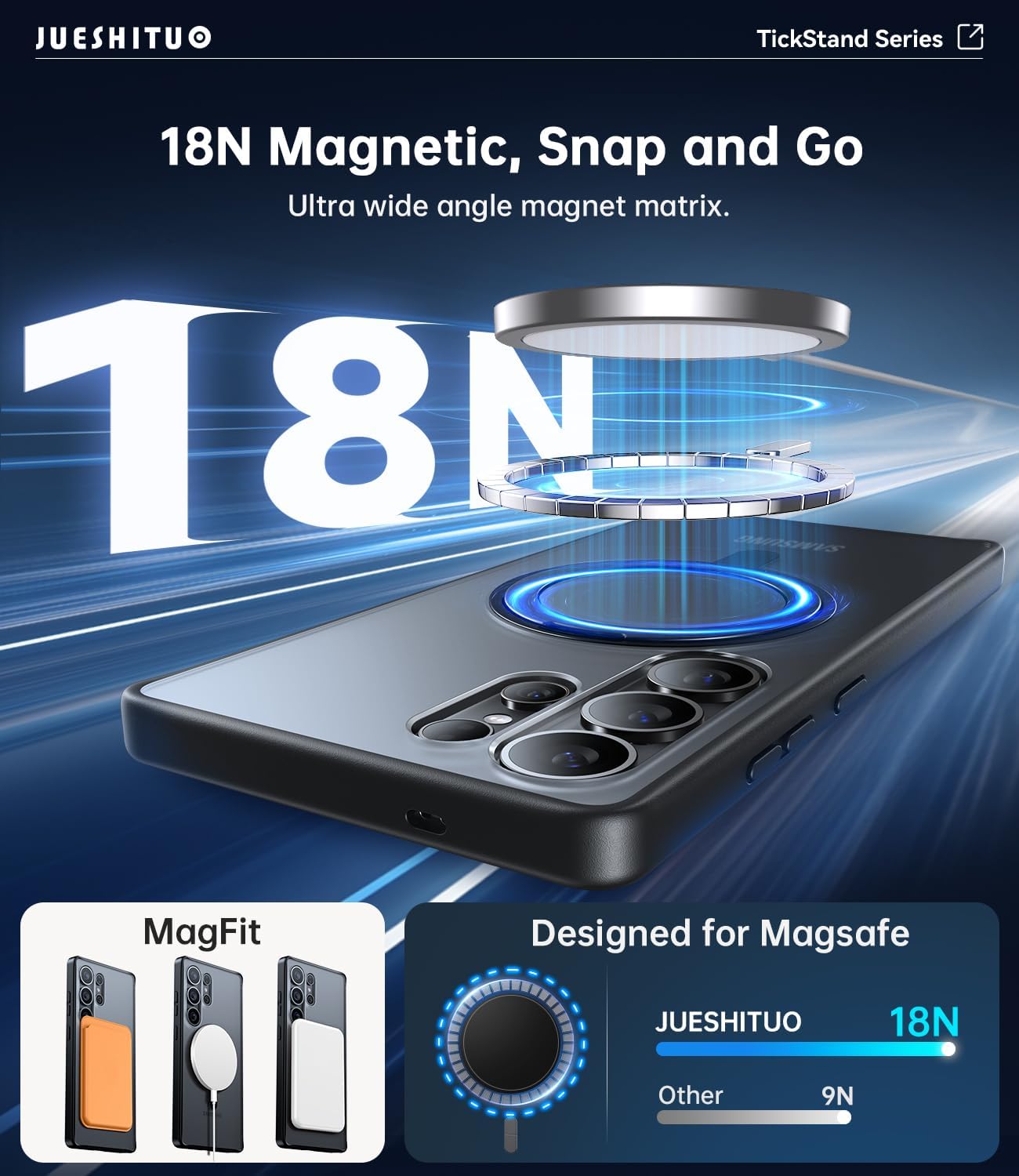 JUESHITUO 3 in 1 for Samsung Galaxy S25 Ultra Case, [Non-Yellowing] 360° Rotatable Magnetic Ring Stand with [1X Screen Protector] S25 Ultra Phone Cover, Black - Image 4