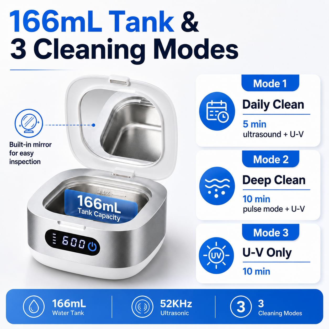 Voraiya Nettoyeur Ultrasons pour Gouttière Dentaire, Dental Pod Compact et Silencieux, Batterie 4000 mAh, IPX7 Étanche, Réservoir 166 ml, pour Aligneur, Appareil Dentaire