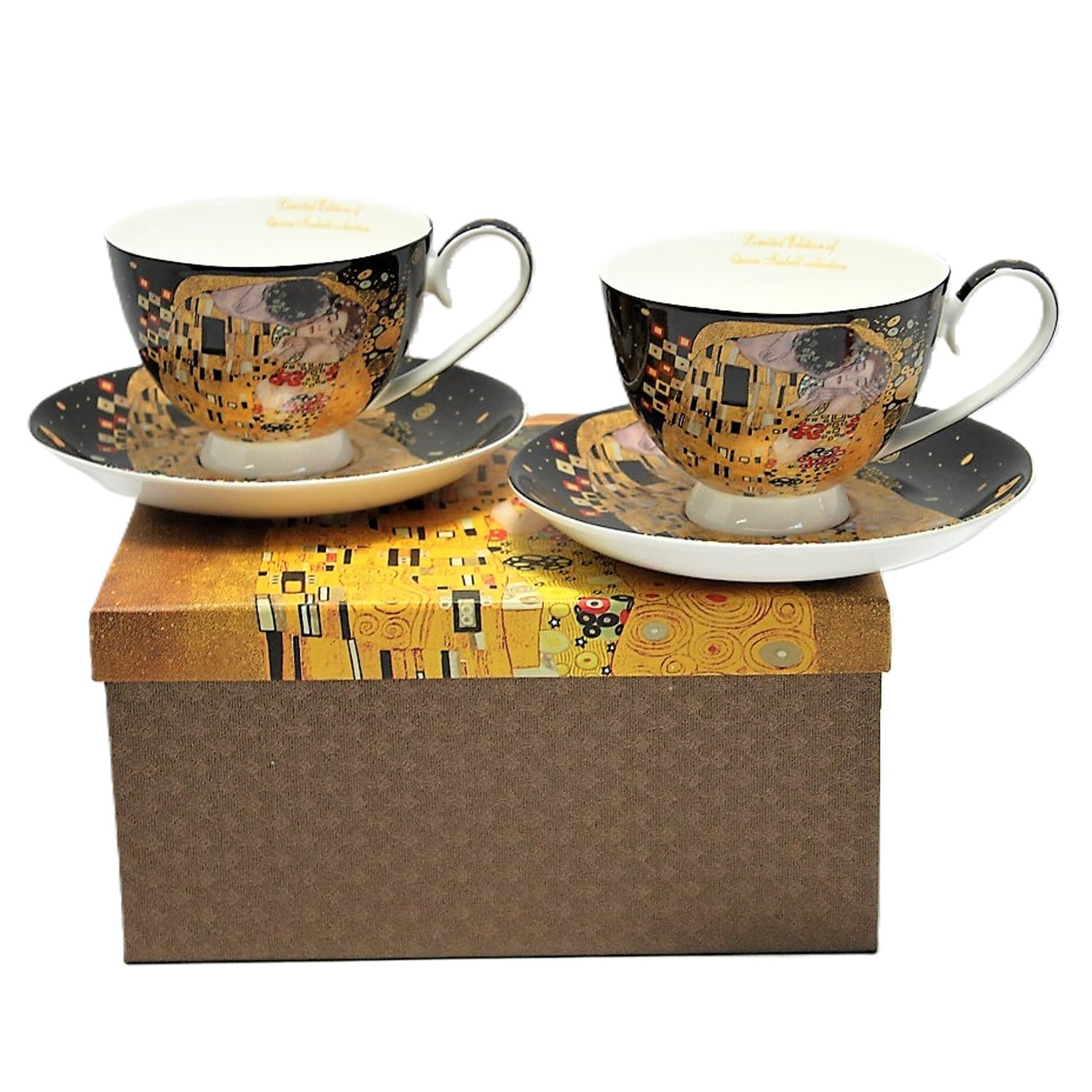 Set de 2 tasses en porcelaine Klimt The Kiss, 250 ml, porcelaine fine délicate | Boîte cadeau élégante | Motif artistique de Gustav Klimt avec boîte décorative pour les connaisseurs