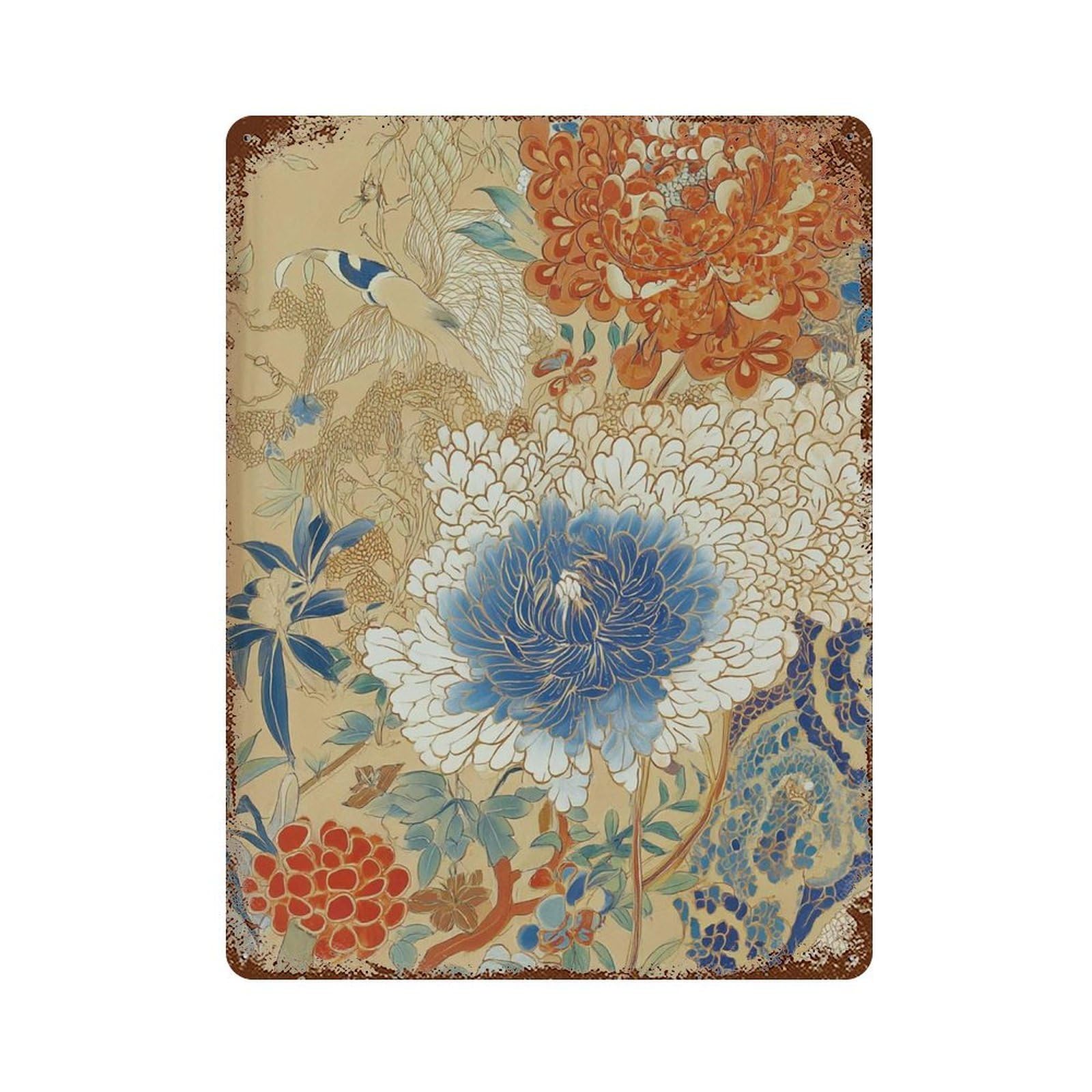 xiaoxiaoshen Japanese Floral Chrysanthemum Bird Beige Blue Botanical Oriental Wall Decor Art Metal Tin Poster Modern Home Decor Art Home Bar Shop Decorations Vintage Sign 40x30cm