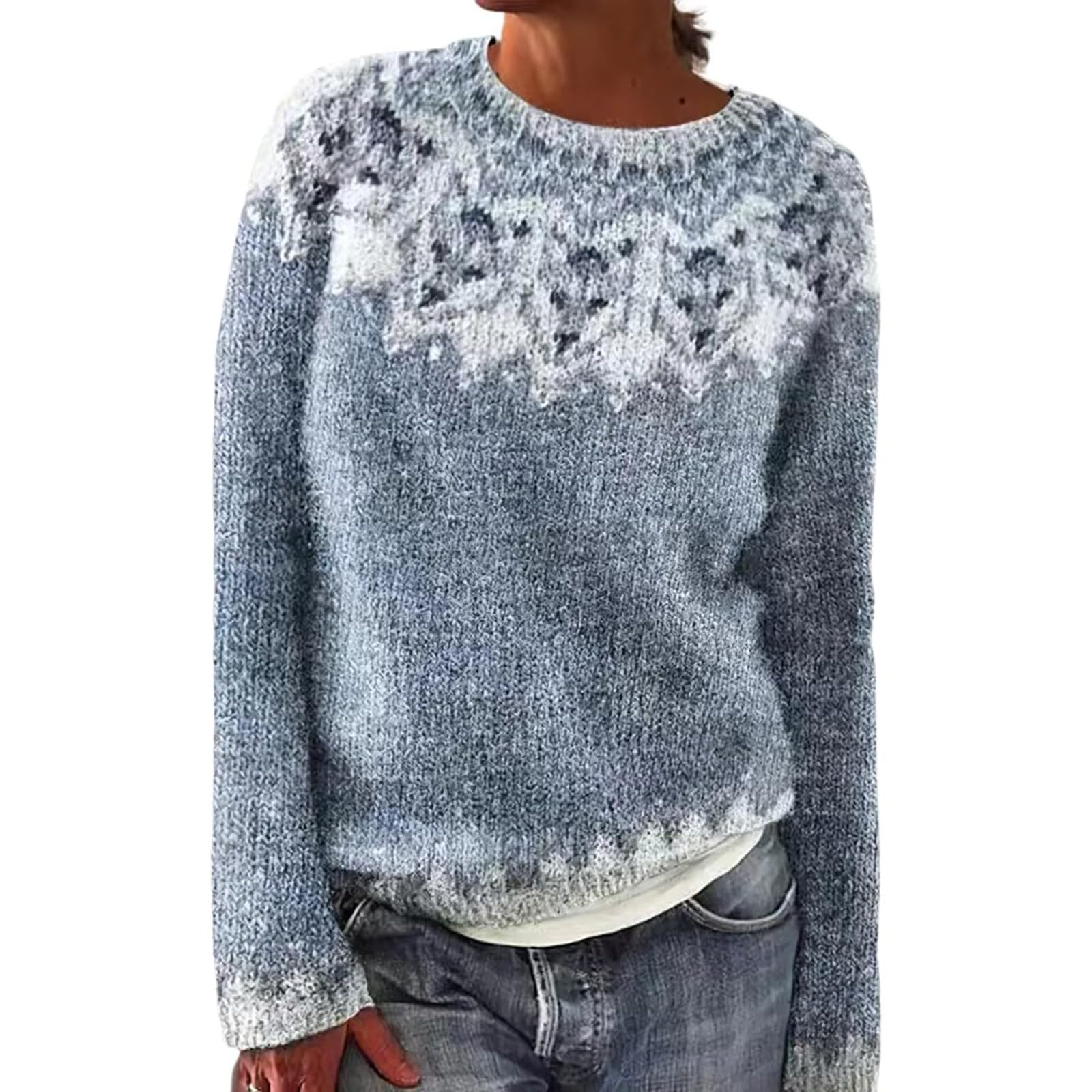 Fair Isle Sweater Women Vintage Boat Neck Nordic Sweaters Casual Loose Long Sleeve Cropped Pullover Tops Boho Outfit