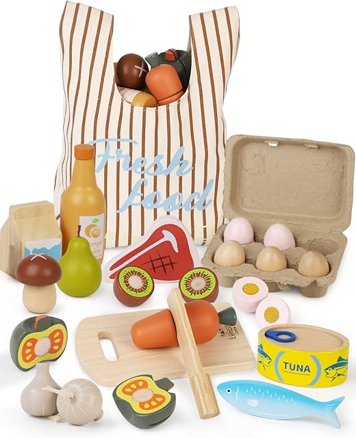 Lehoo Castle Wooden Play Food Toys, Kids Toddlers Play Kitchen Accessories Cutting Fruits Vegetables Toy with Shopping Bag, Pretend Play Educational Toy Gift for Boys Girls 3+