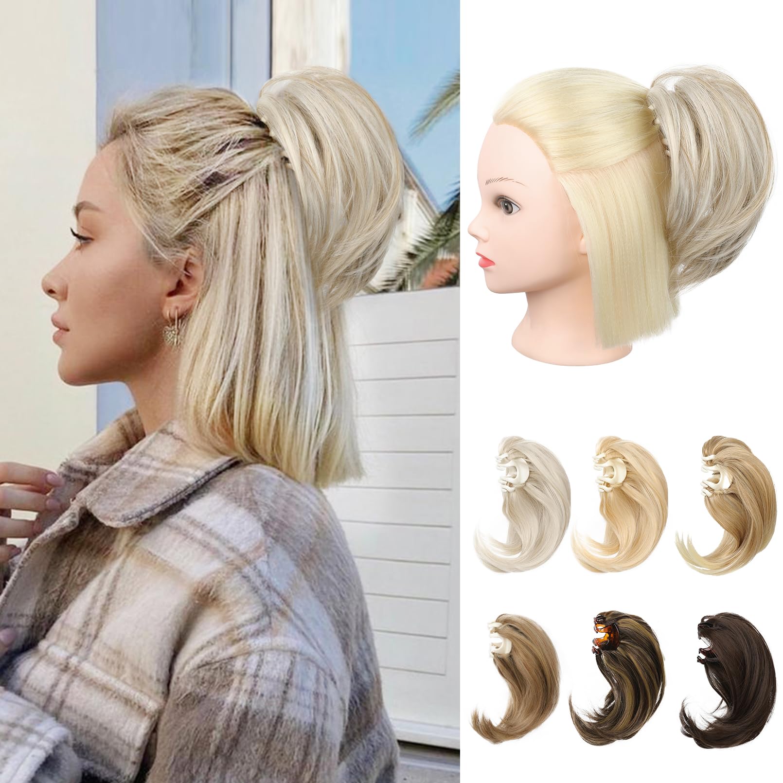 REECHO Ponytail Extension, 7" Mini Claw Clip in Ponytail Hair Extensions Short Natural Straight Wavy Messy Hair Bun Hair Pieces for Women with Short