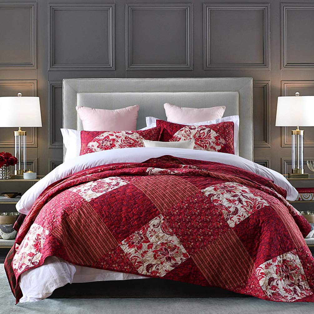 Couvre-lit matelassé léger anti-chaleur en coton rouge fleuri pour lit King Size