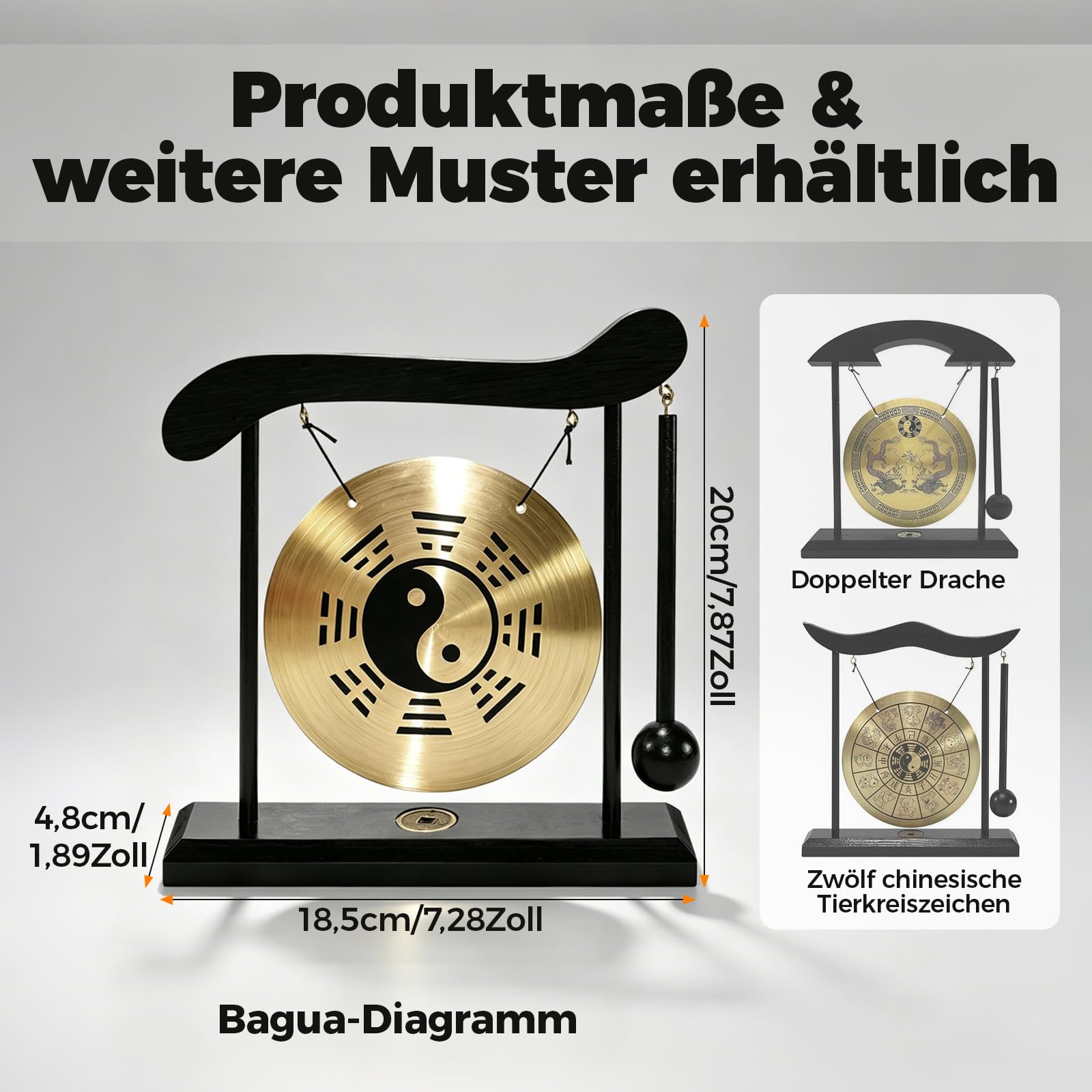Mini Kupfer Gong mit Schlägel, Yin Yang Fengshui Deko Tischgong mit Holzsockel, Japanische Deko mit Taiji-Symbol und Klatschtafel für Zen Tischdekoration, Einzugsgeschenk (Bagua-Diagramm)