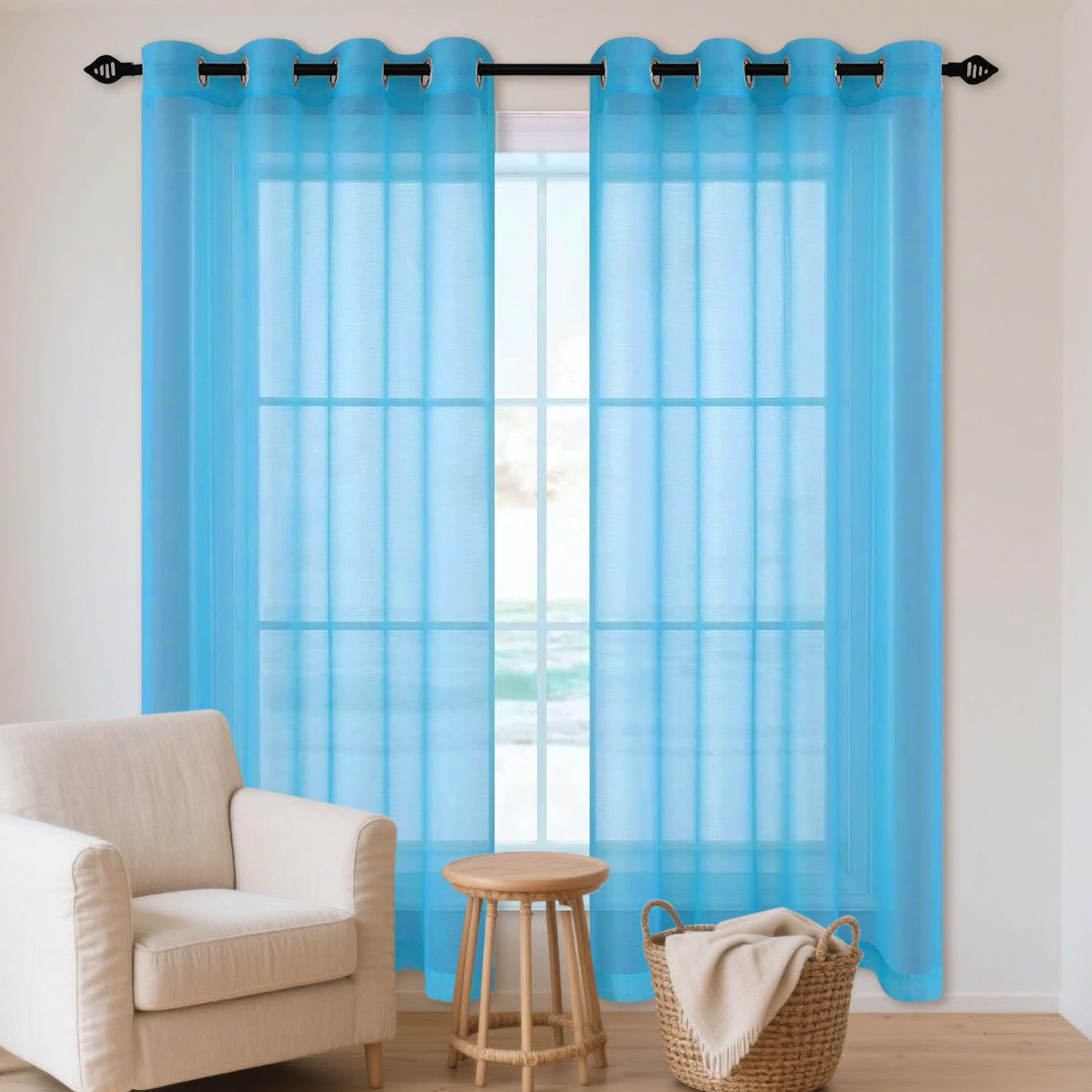 Rideau de fenêtre haut de gamme voilage bleu ciel 340x320 cm oeillets