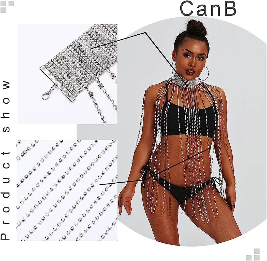 CanB Rhinestone Long Body Chain Sliver Crystal Tassel Choker Chains Necklace Bikini Beach Nightclub Party Harness Body Accessories Jewelry for Women - Image 2