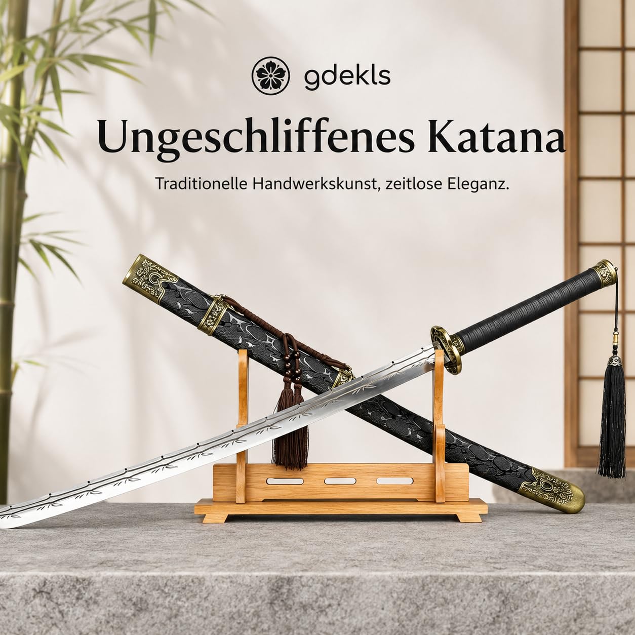 Katana Samuraischwert 104cm Nicht geschärft – Deko Schwert aus Edelstahl mit Bambusmuster, Schwarze Massivholz-Scheide, Japanisches Dekoschwert für Sammler, Cosplay & Geschenk