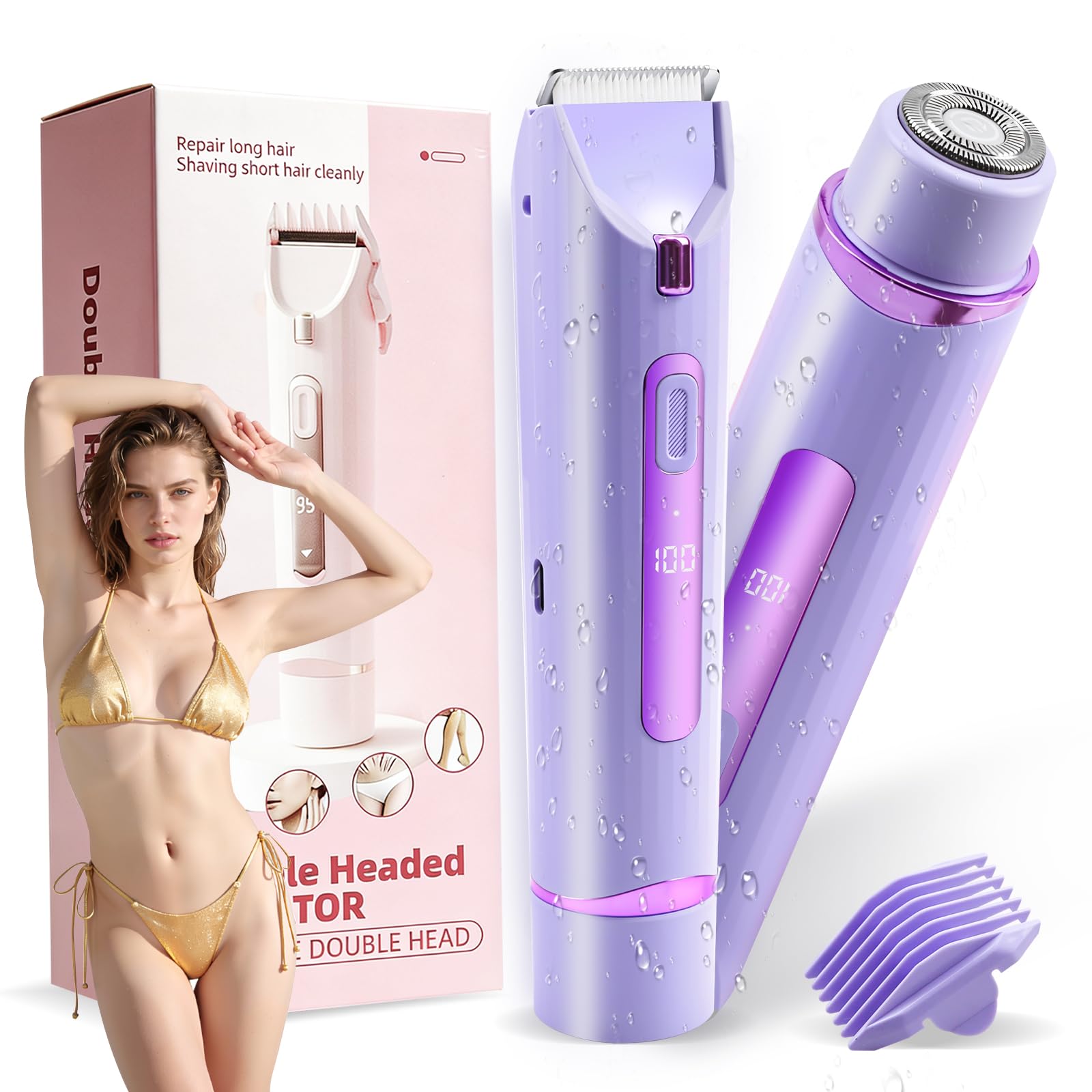 Rasoio elettrico 2 in 1 per bikini, rasoio elettrico ricaricabile per peli del corpo pubico, per gambe, corpo, capelli, rasoio elettrico a doppia testa, per donne, pubblico, viso, ascelle, gambe