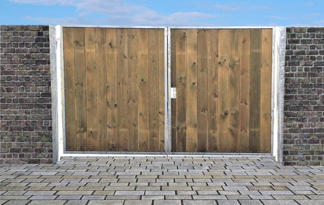 Einfahrtstor Ss Tor Holztor Gartentor Hoftor Verzinkt mit Pfosten & Holzfüllung Senkrecht 2-flügelig 500cm x 180cm