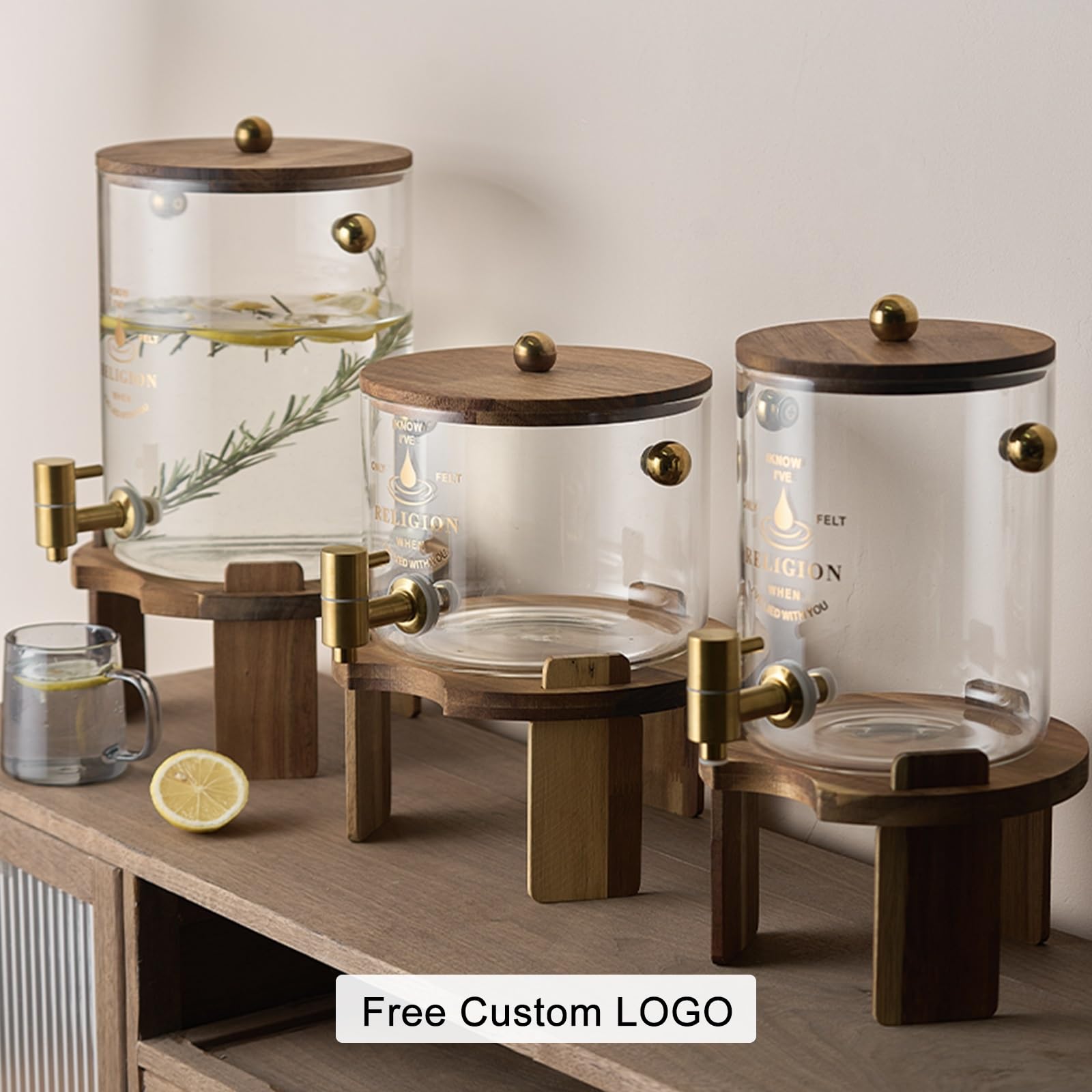 Dispenser per bevande in vetro borosilicato da 11,5 l, con supporto in legno, perfetto per tè freddo e feste, logo personalizzato, dispenser per bevande