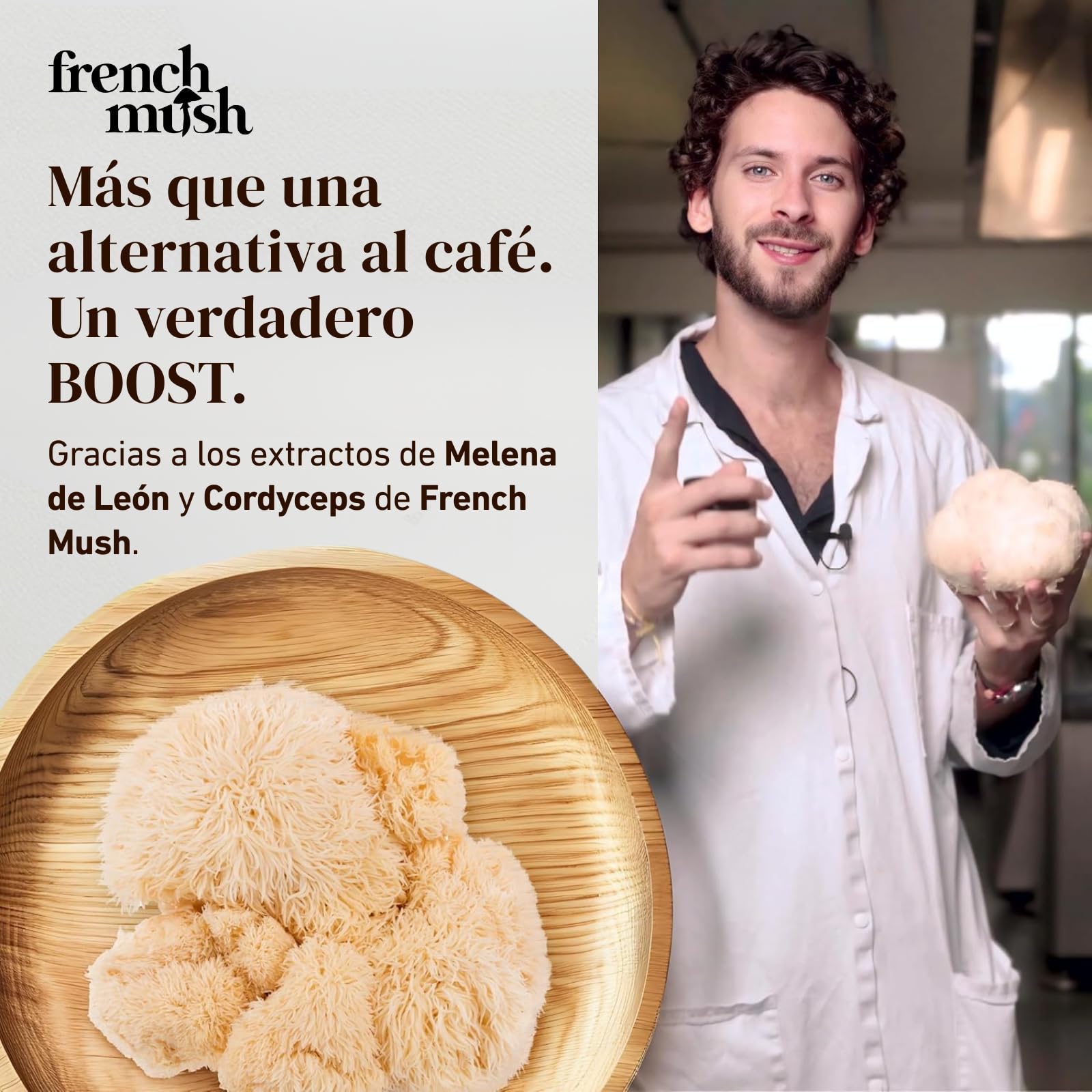French Mush BOOST - Alternativa al Café con Hongos Adaptógenos Bio: Lion’s Mane & Cordyceps Bio - Enfoque, Energía & Digestión - Alternativa Vegetal al Café - 20 Dosis