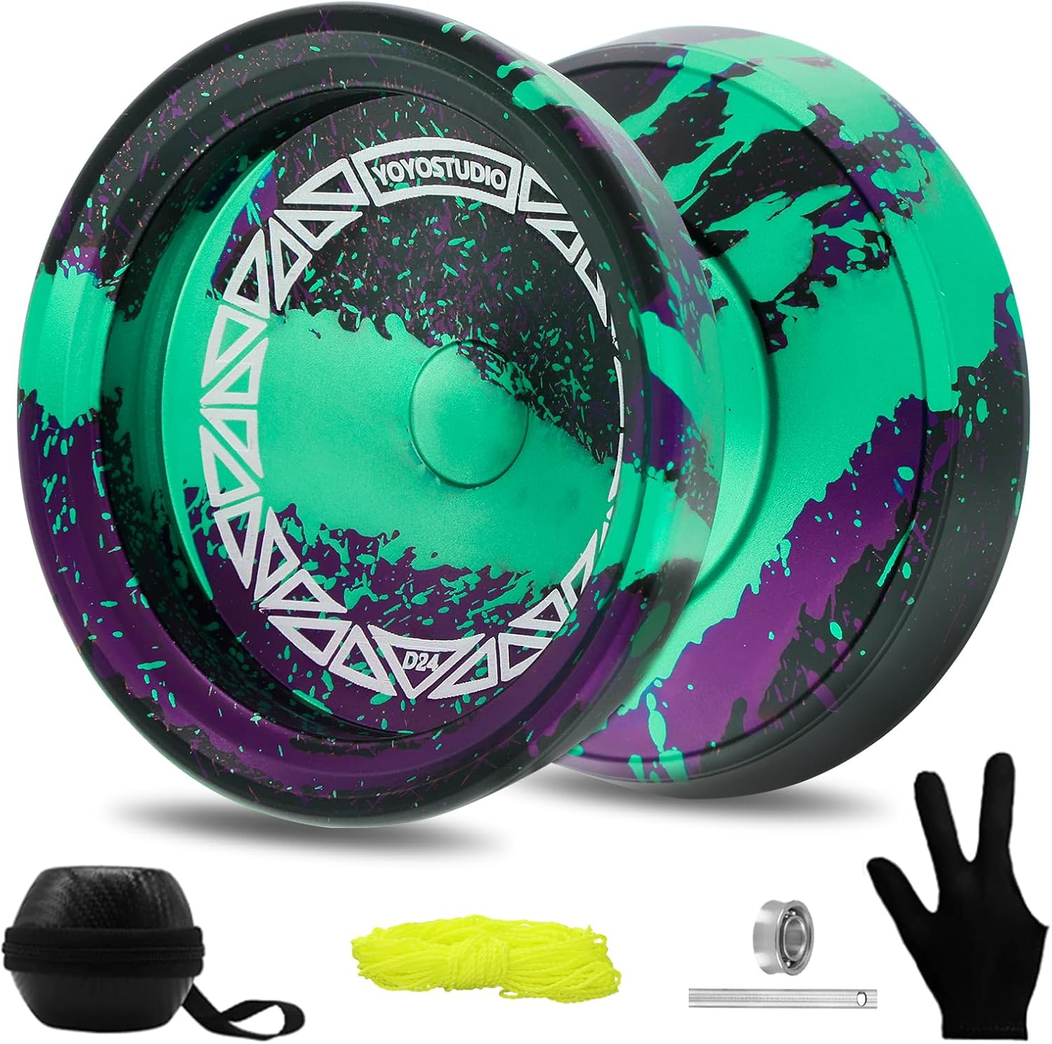 YOYOSTUDIO D24 Finger Spin Yoyo Professional Responsive Yoyo for Kids 8-12 or Above, Unresponsive Yo Yo for Adults with Yoyos Accessory Kit, 10 Yo-Yo Strings, Case & Glove - Black Green Purple D24-Black Green Purple