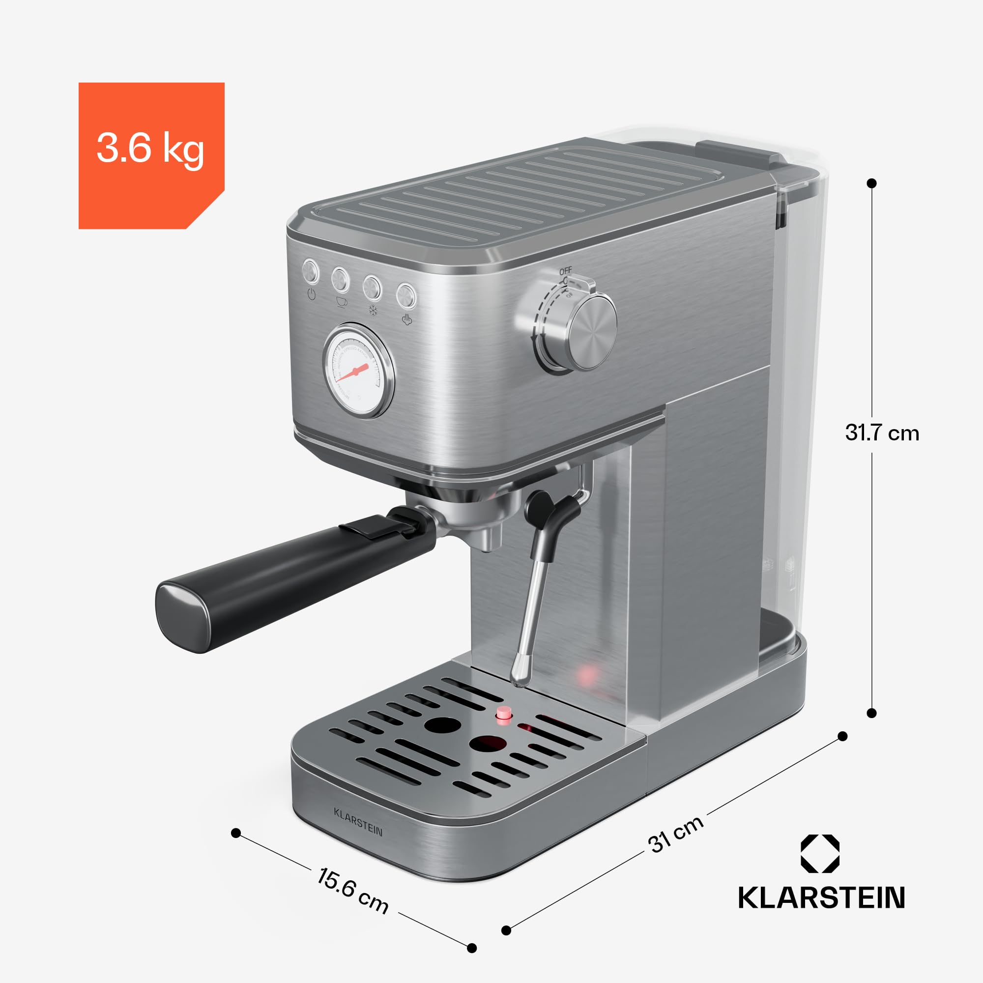 Klarstein SteelPresso Slim Siebträgermaschine 20-Bar 1350W Edelstahl 1,2L Wassertank Dampfdüse Kompakt Espressomaschine