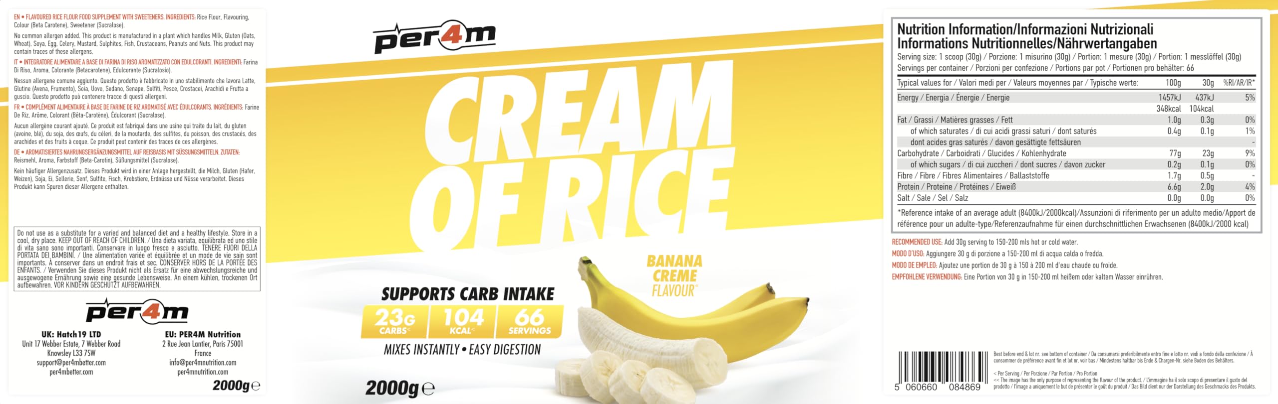 Per4m Cream of Rice, Farina di Riso Senza Glutine e Digeribile, Carboidrati Rapidi per Energia e Recupero, Facile da Preparare, Pasto Pre e Post Allenamento per Sportivi – Banana Creme – 2kg