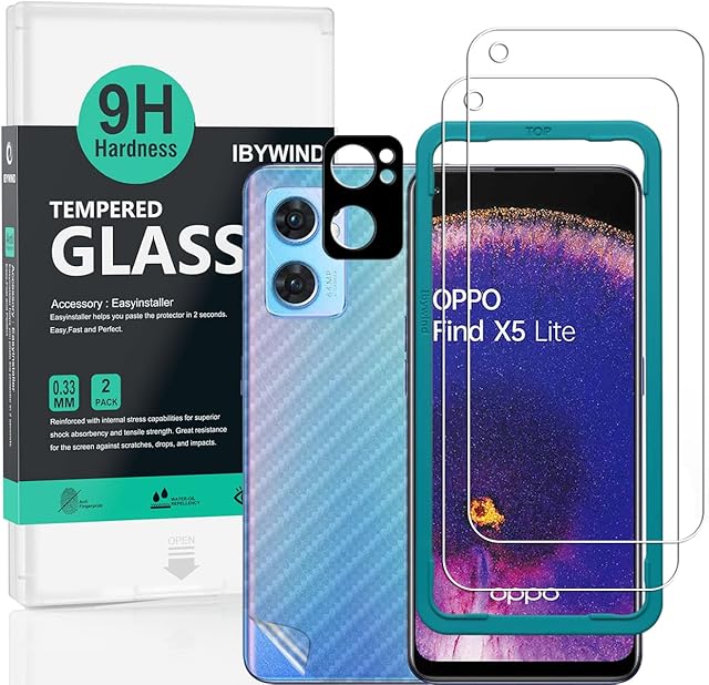 Ibywind Screen Protector for Oppo Find X5 Lite 5G 6.43", [Pack of 2] with Metal Camera Lens Protector,Back Carbon Fiber Skin Protector,Including Easy Install Kit