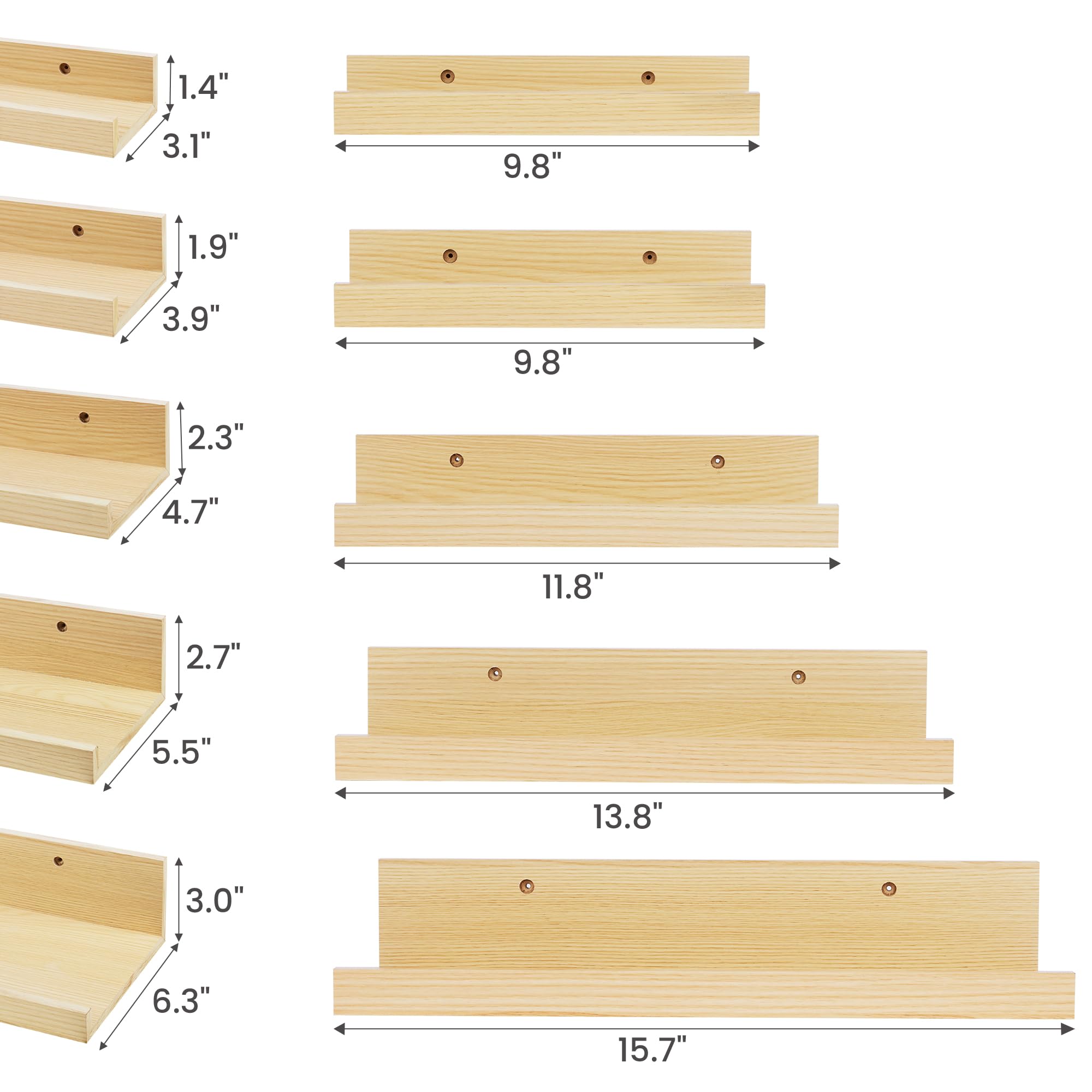 Upsimples Home Floating Shelves for Wall Decor Storage, Wall Shelves Set of 5, Wall Mounted Wood Shelves for Bedroom, Living Room, Bathroom, Kitchen, Small Picture Ledge Shelves, Natural