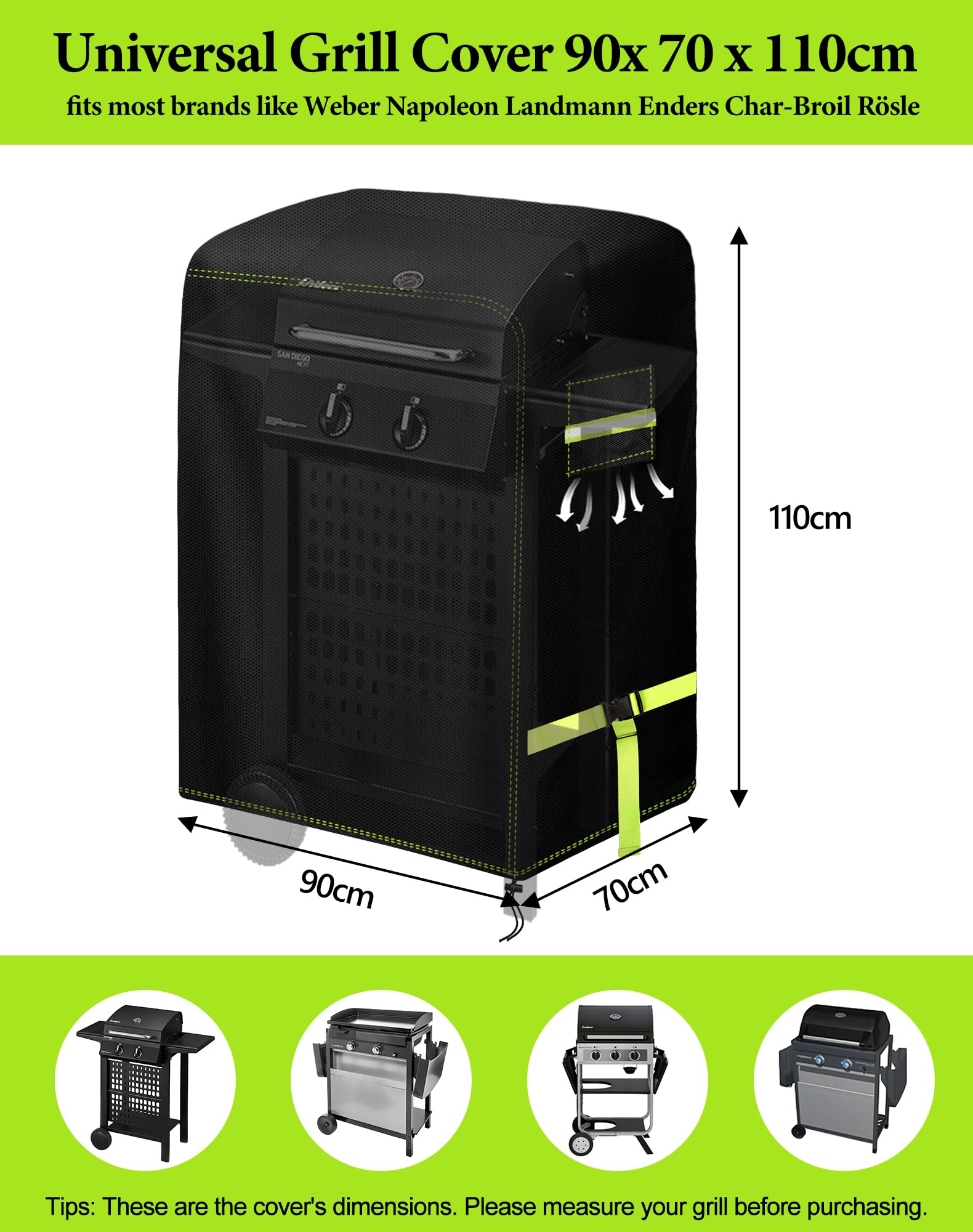 VDISRR Grillabdeckung Wetterfest, 600D Oxford Heavy Duty Abdeckhaube 90x70x110cm mit Lüftungsfenster, Grill Abdeckung Klein Grill Schutzhülle Schutz Grill vor Rost und Schimmel