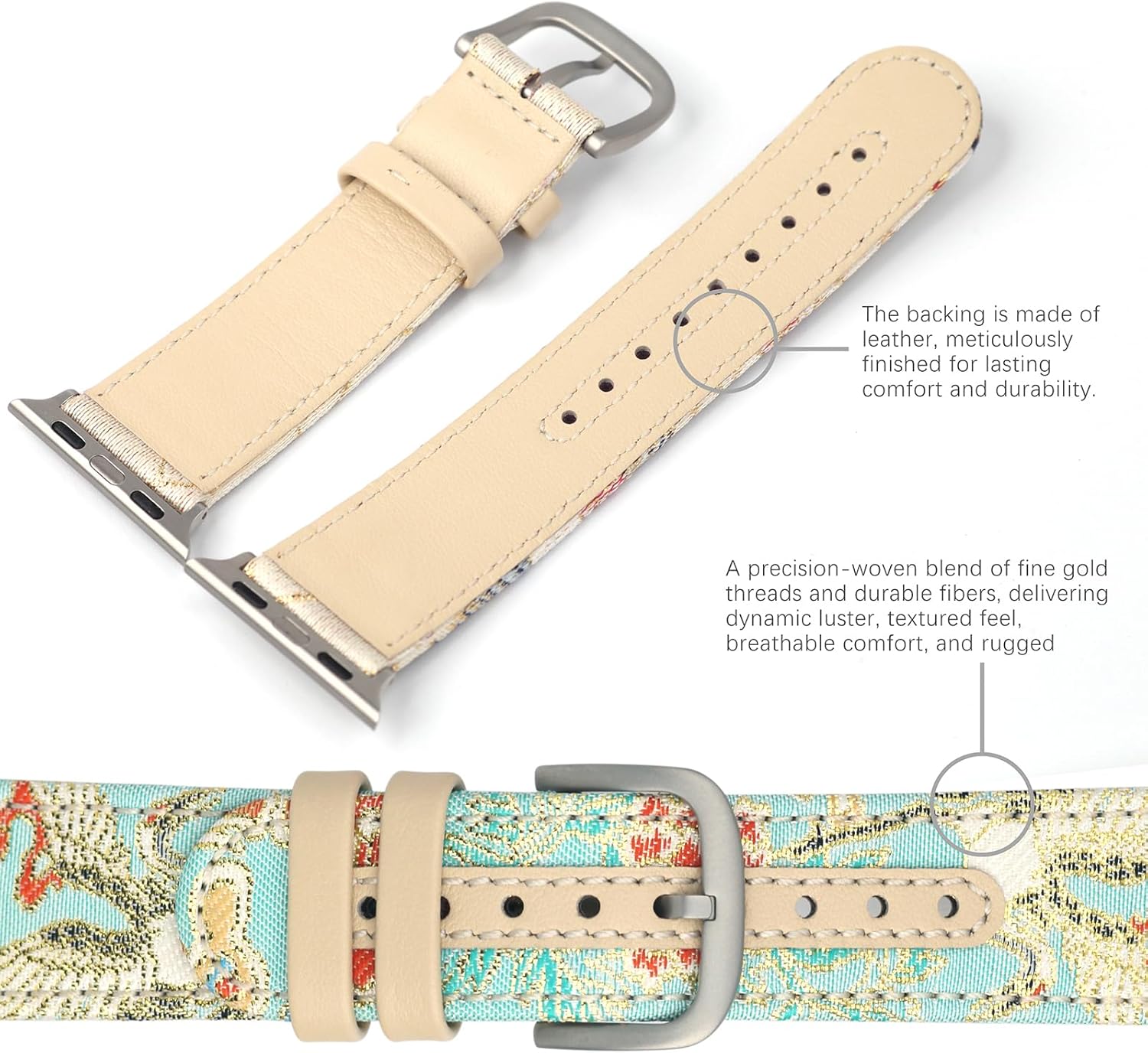 Handmade Gold-Inlaid Leather Smart Watch Band – Bird Pattern Limited Edition, Handwoven Fabric Strap Compatible with Most 38–49mm Smart Watches