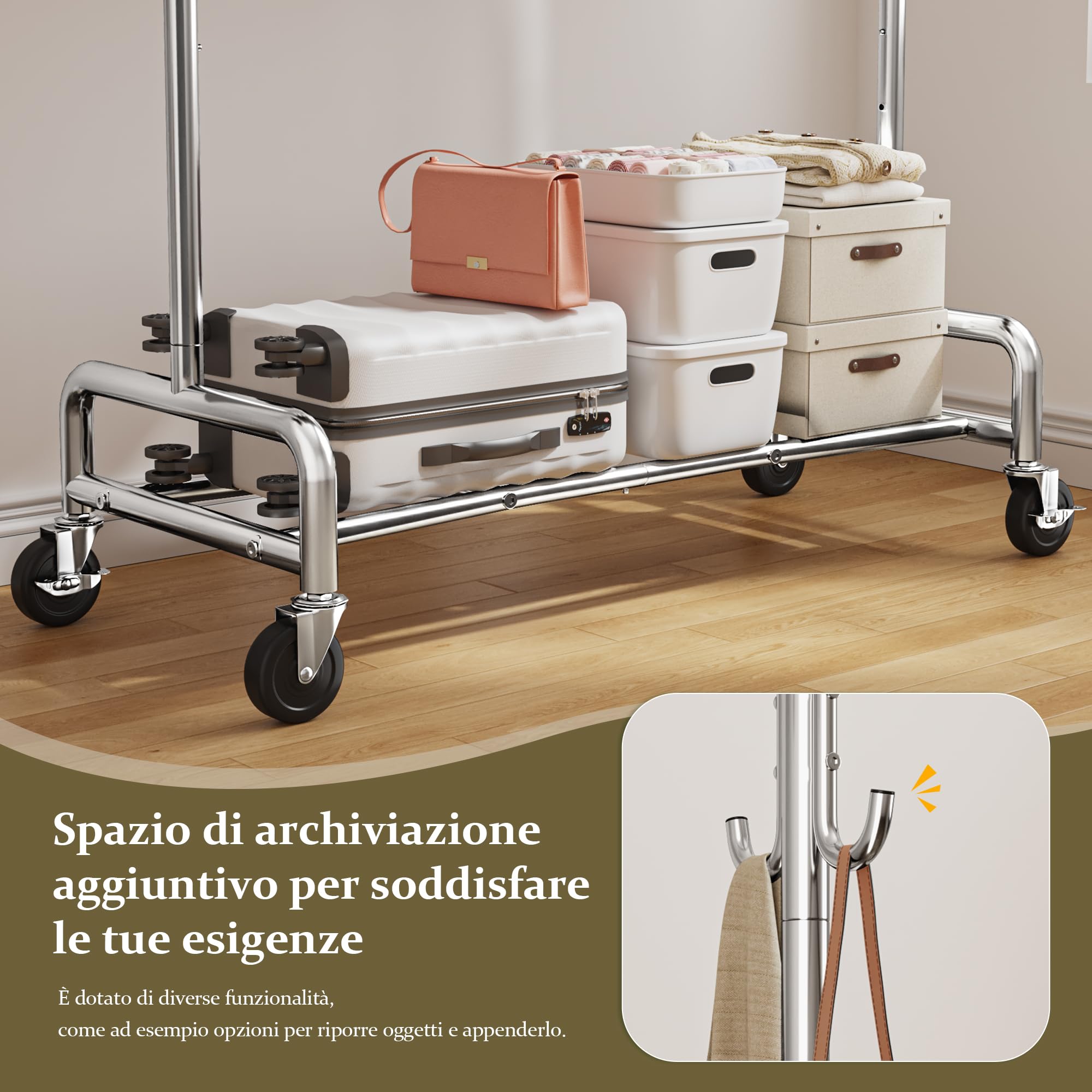 131–189cm Estensibile Stand Appendiabiti con Ruote per Cappotto | 140KG Portata massima, 146-170cm Regolabile in Altezza, per Giacca, Maglioni, Camera da letto, Dormitorio, Argento