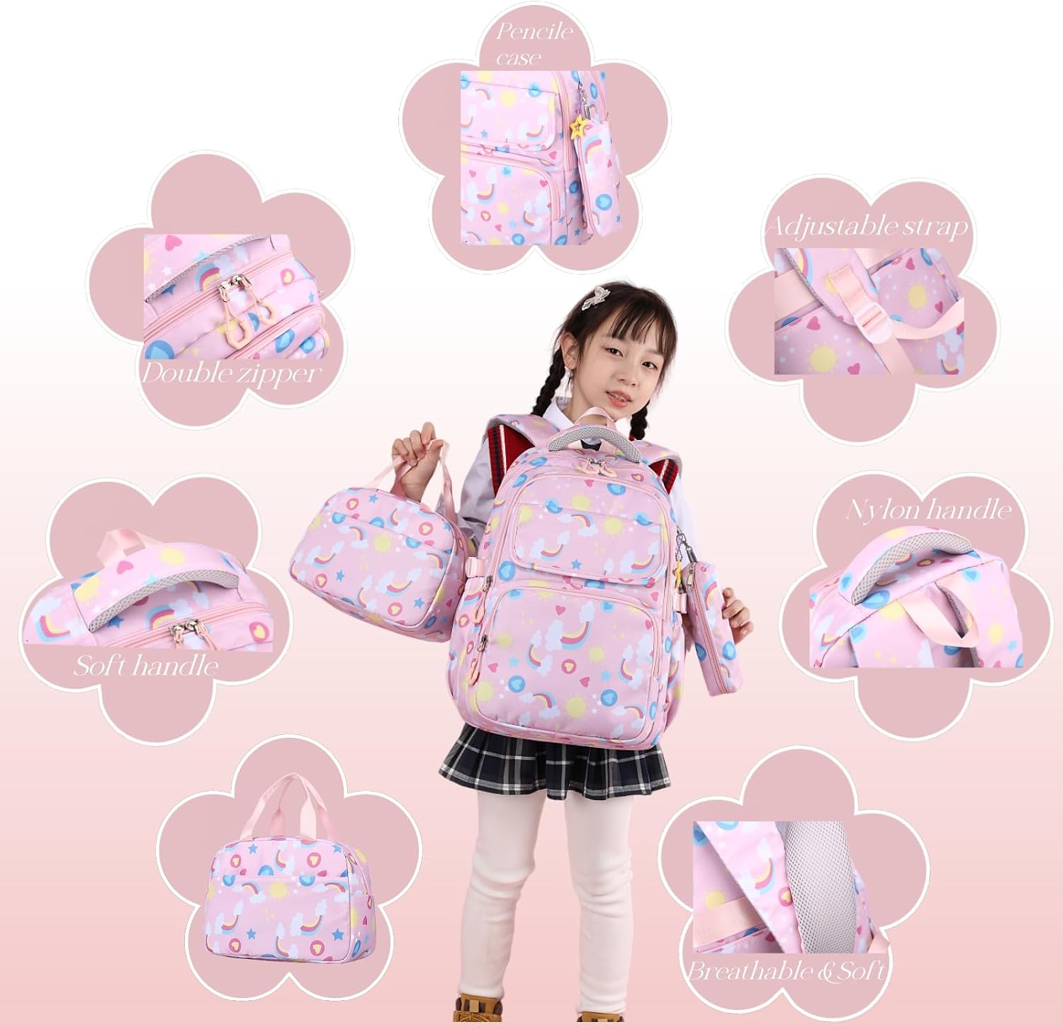Mfikaryi Kids Backpacks for Girls Rainbow BookBag Set Teens School Backpack with Lunch Box