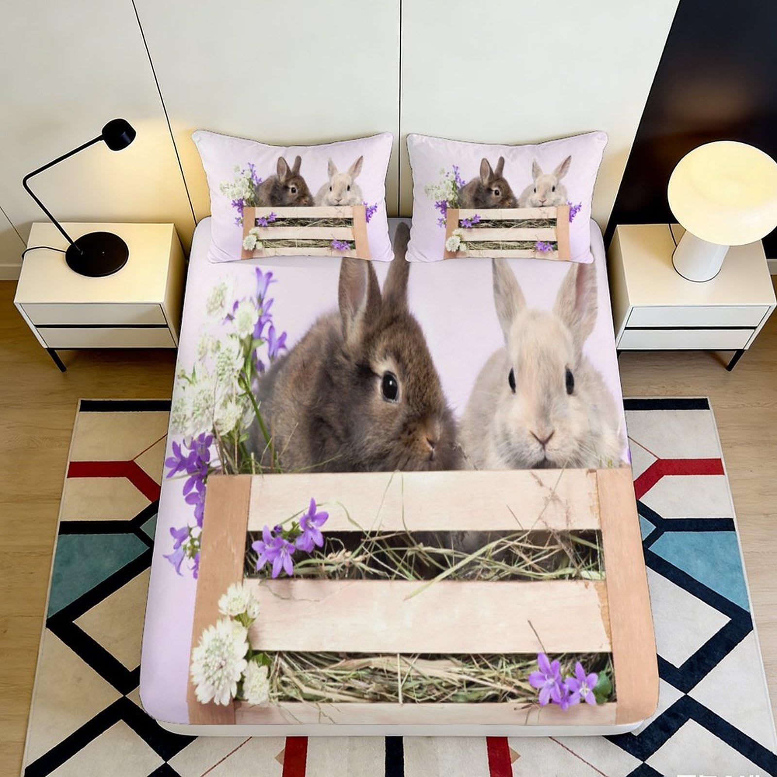 3D Printed Rabbit Floral Fitted Sheet Microfiber Soft Breathable Bunny Bed Cover for Bedroom Dormitory Guest Room Mattress Protection Decor 200x200x25cm