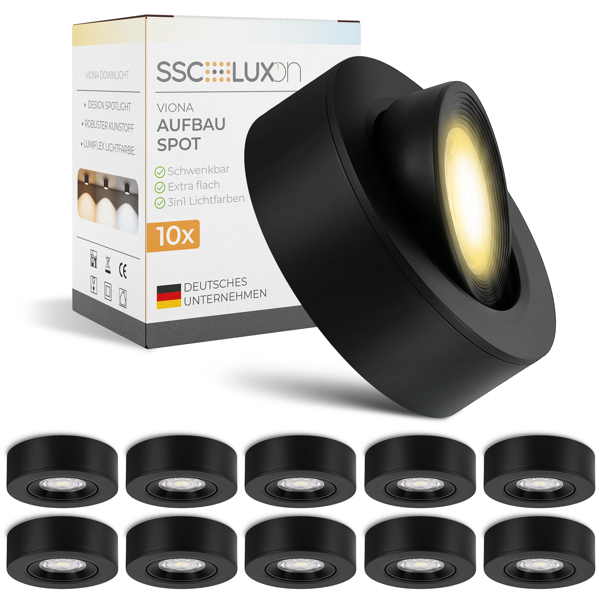 SSC-LUXon 10er Set VIONA LED Aufbaustrahler flach schwarz schwenkbar - Aufbauspot warmweiß, neutralweiß, tageslichtweiß