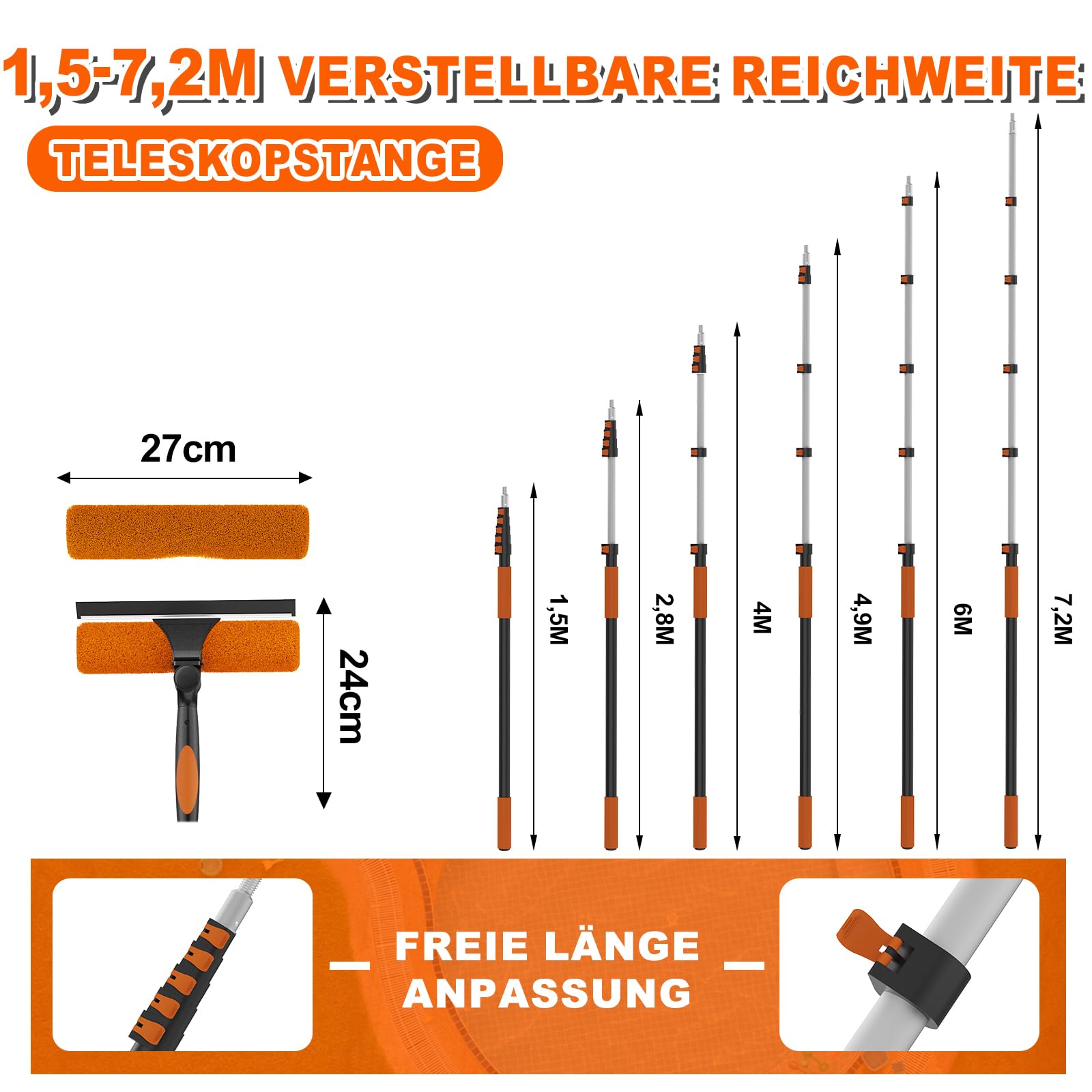 SISUPASSIE 2-in-1 Fensterputzer, 7,2m Fensterabzieher, professionelles Fensterwischer mit Teleskopstiel, drehbarer Kopf für hohe Fenster, für den Innen- und Außenbereich