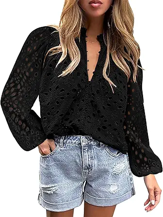 BETTE BOUTIK Women's Long Short Sleeve Tops 2025 Dressy Casual Button Hollow Out Lace Embroidered Blouses Shirts