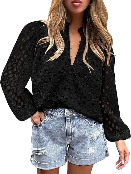 BETTE BOUTIK Women's Long Short Sleeve Tops 2025 Dressy Casual Button Hollow Out Lace Embroidered Blouses Shirts
