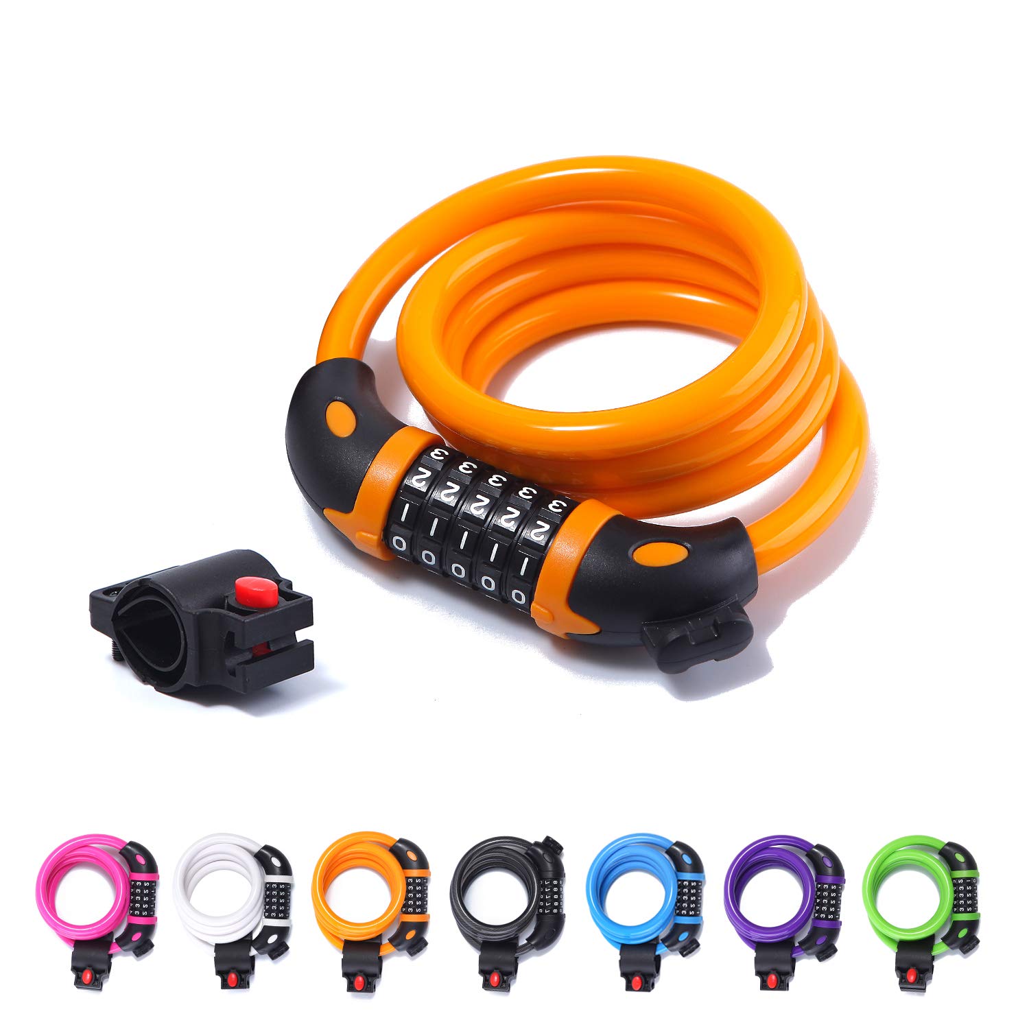RENZER Bike Lock Cable 4-Feet Combination Bicycle Basic Self Coiling 5-Digit Resettable Lightweight High Security Cycling Chain Lock with Mounting Bracket