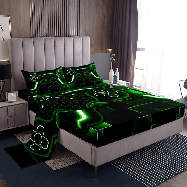 Erosebridal Gaming Bedding Set for Boys Green Gamer Sheet Set for Kids Teen Cool Video Game Black Bed