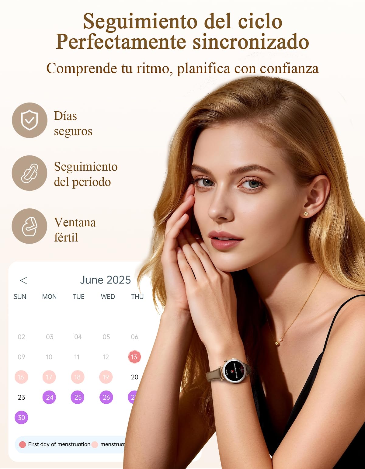 Reloj Inteligente Mujer - Elegante Pequeño, Pantalla AMOLED 1,19'' Smartwatch con Correa de Cuero, Podómetro, Pulsómetro, Sueño, IP68 Pulsera Actividad para Android iOS, Oro Rosa/Marrón